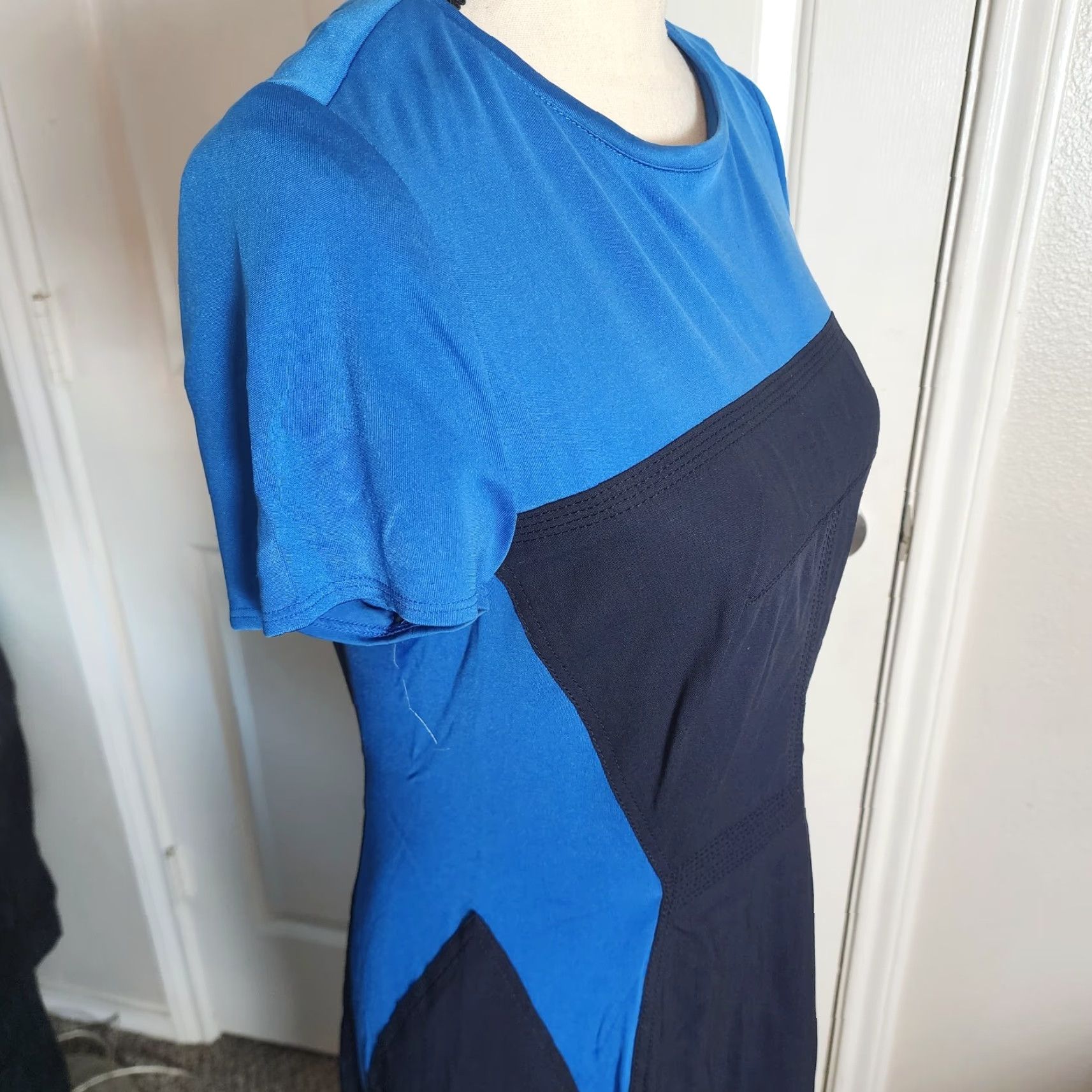 Vintage Rachel Roy Dress Navy Blue Light Blue Cocktail Sheath Short Sleeve Size 8 Holiday Party/Cocktail Size 30" / US 8 / IT 44 - 7 Thumbnail
