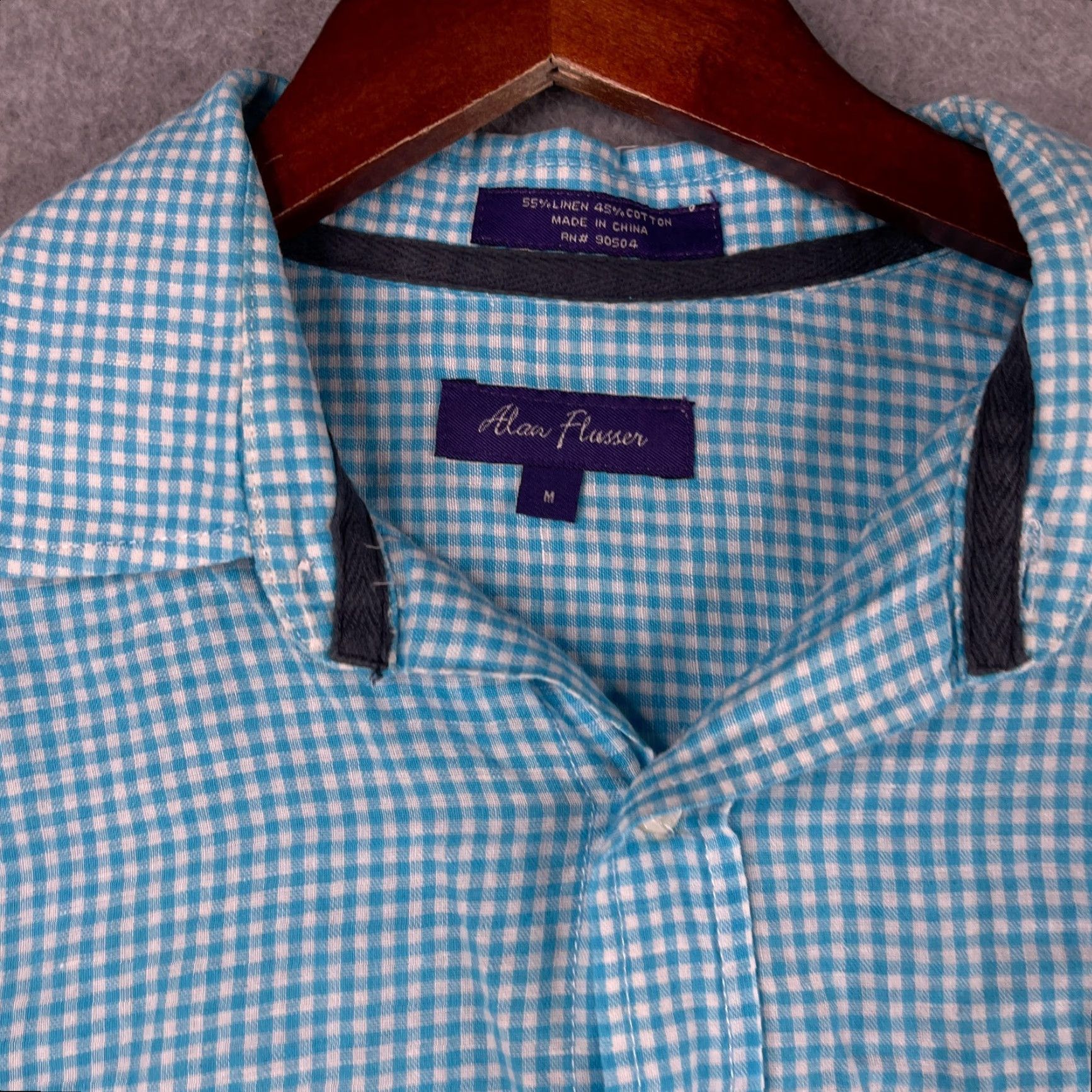 Vintage Alan Flusser Shirt Mens Button-Up Long Sleeve Linen Blend Gingham Medium Light Blue Casual Dress/Party Shirt Size US M / EU 48-50 / 2 - 4 Thumbnail