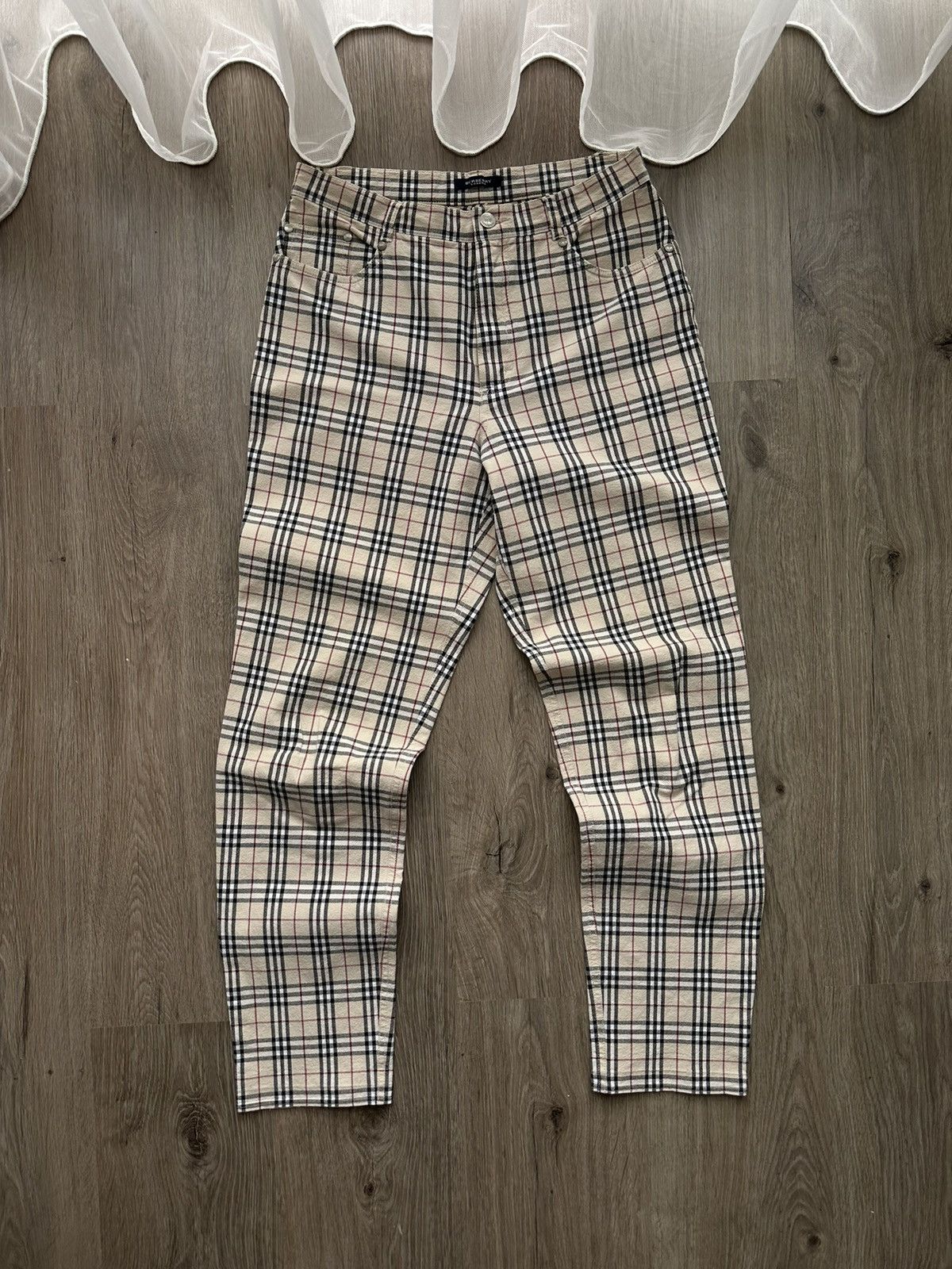image of Burberry Beige Nova Check Pants, Men's (Size 28)