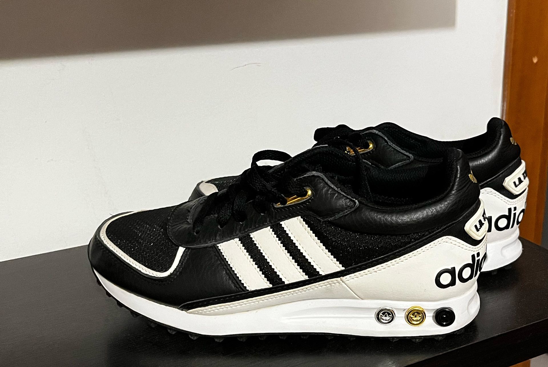 image of Adidas L.a. Trainer Ii, Black/white/gold Shoes, Men's (Size 7.5)