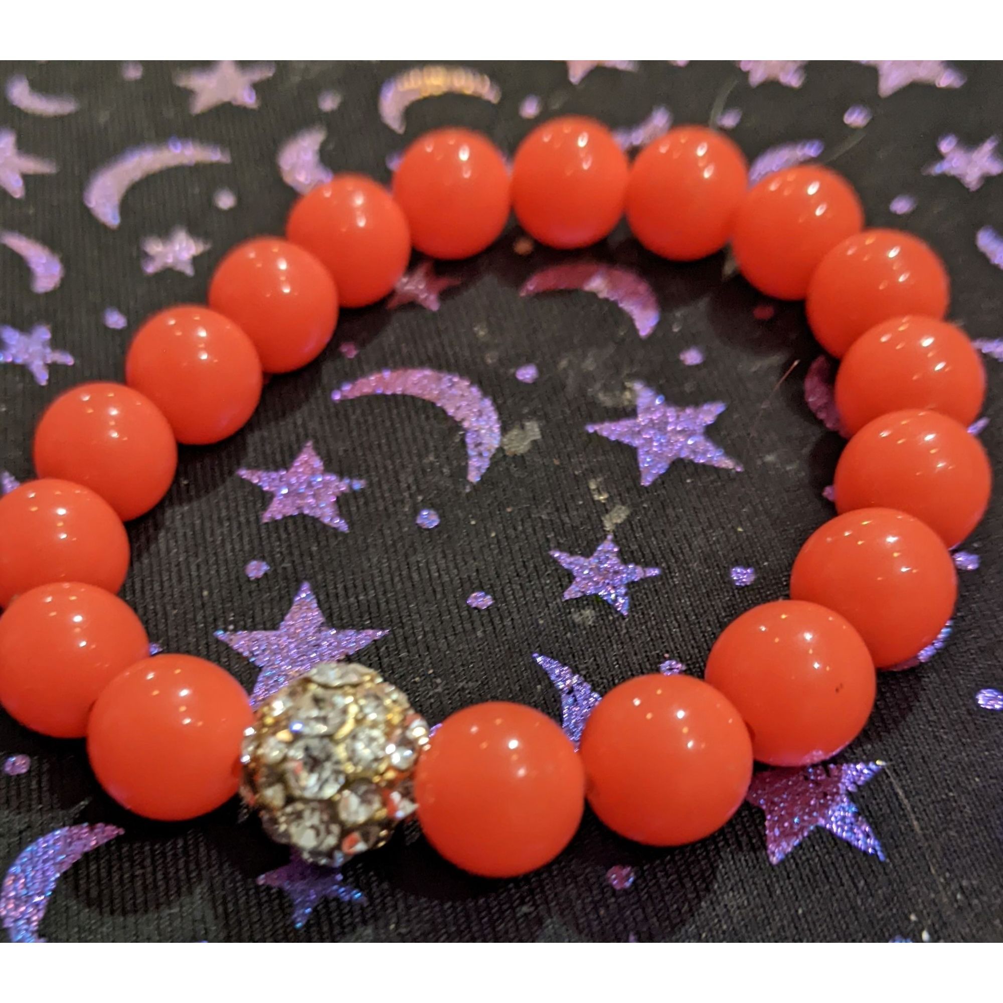Other Neon Coral Rhinestone Beaded Stretch Bracelet Size ONE SIZE - 4 Thumbnail