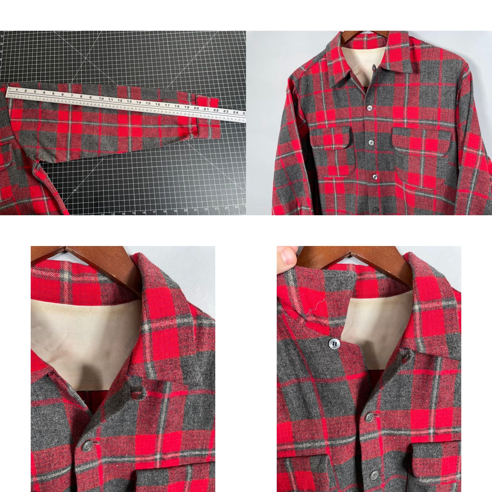 Vintage VINTAGE 70s Wool Flannel Shirt Men M Red Gray Plaid Loop Collar Pockets Button-Up, Old School, Casual Workwear Size US M / EU 48-50 / 2 - 8 Thumbnail