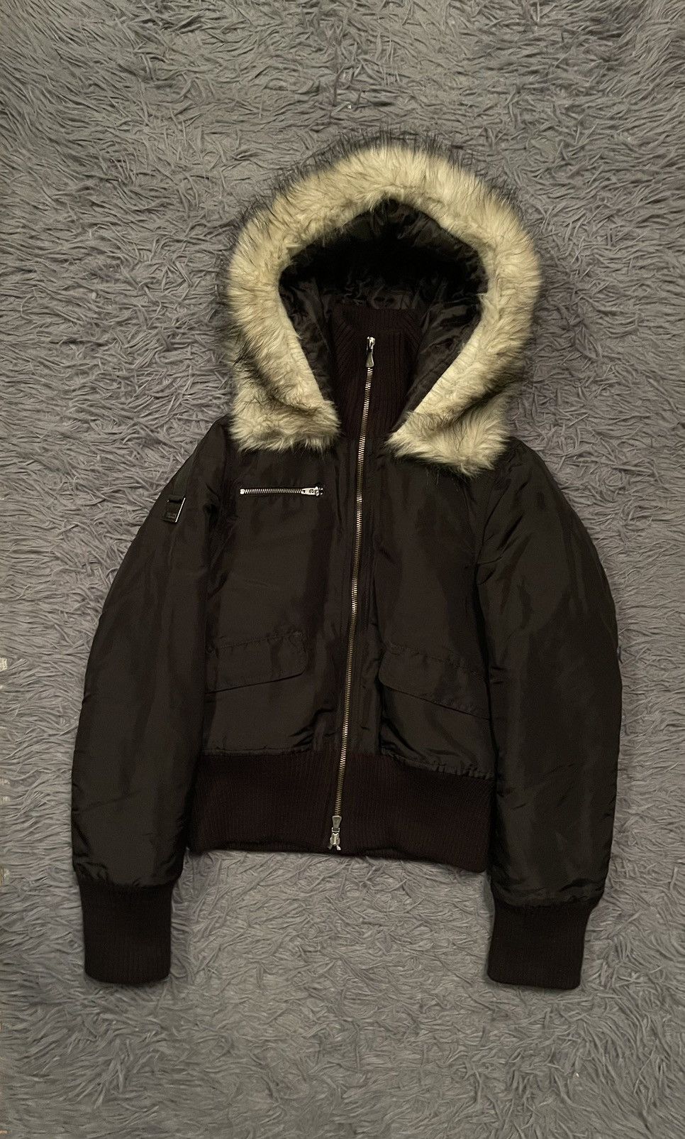 image of Versace Y2K Vintage Bomber Hooded Jacket in Black, Women's (Size XS)