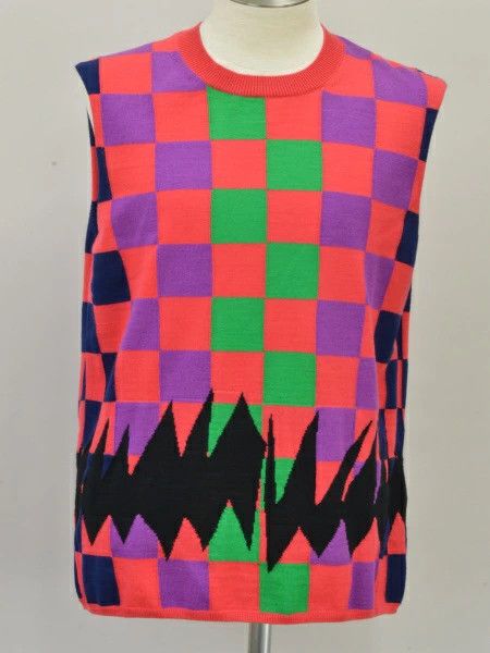 Comme des Garcons Homme Plus Vest Block Check Knitted Wool Crewneck Pink Size US M / EU 48-50 / 2 - 1 Thumbnail