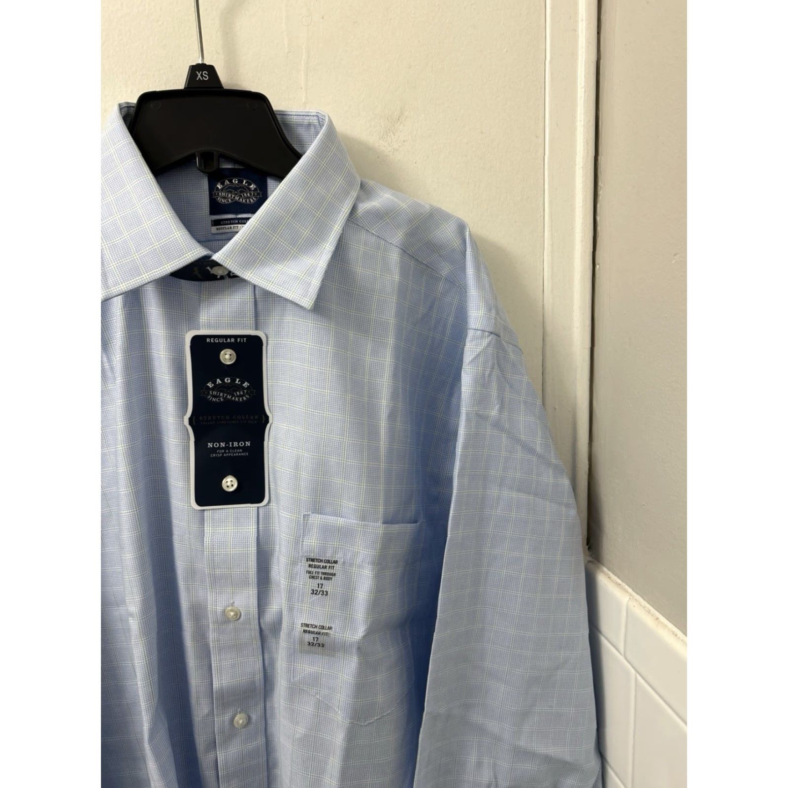 Vintage Eagle Shirtmakers Dress Shirt Men 17 Blue Plaid Stretch Regular Fit NWT 0 MSRP Size 46R - 4 Thumbnail