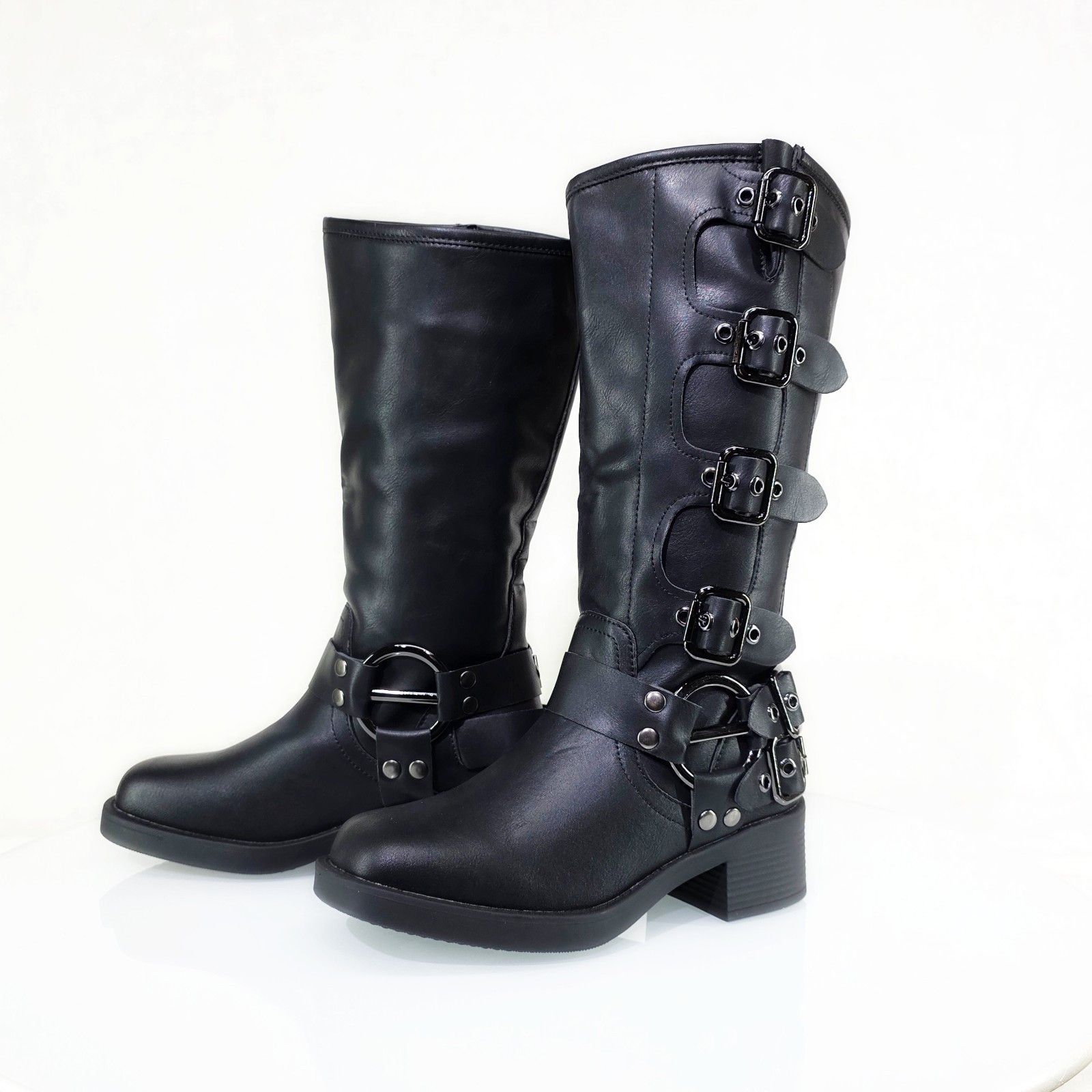 Other Dyna Black Vegan Leather Biker Engineer Western Mid Calf Boo Size US 8.5 / IT 38.5 - 3 Thumbnail