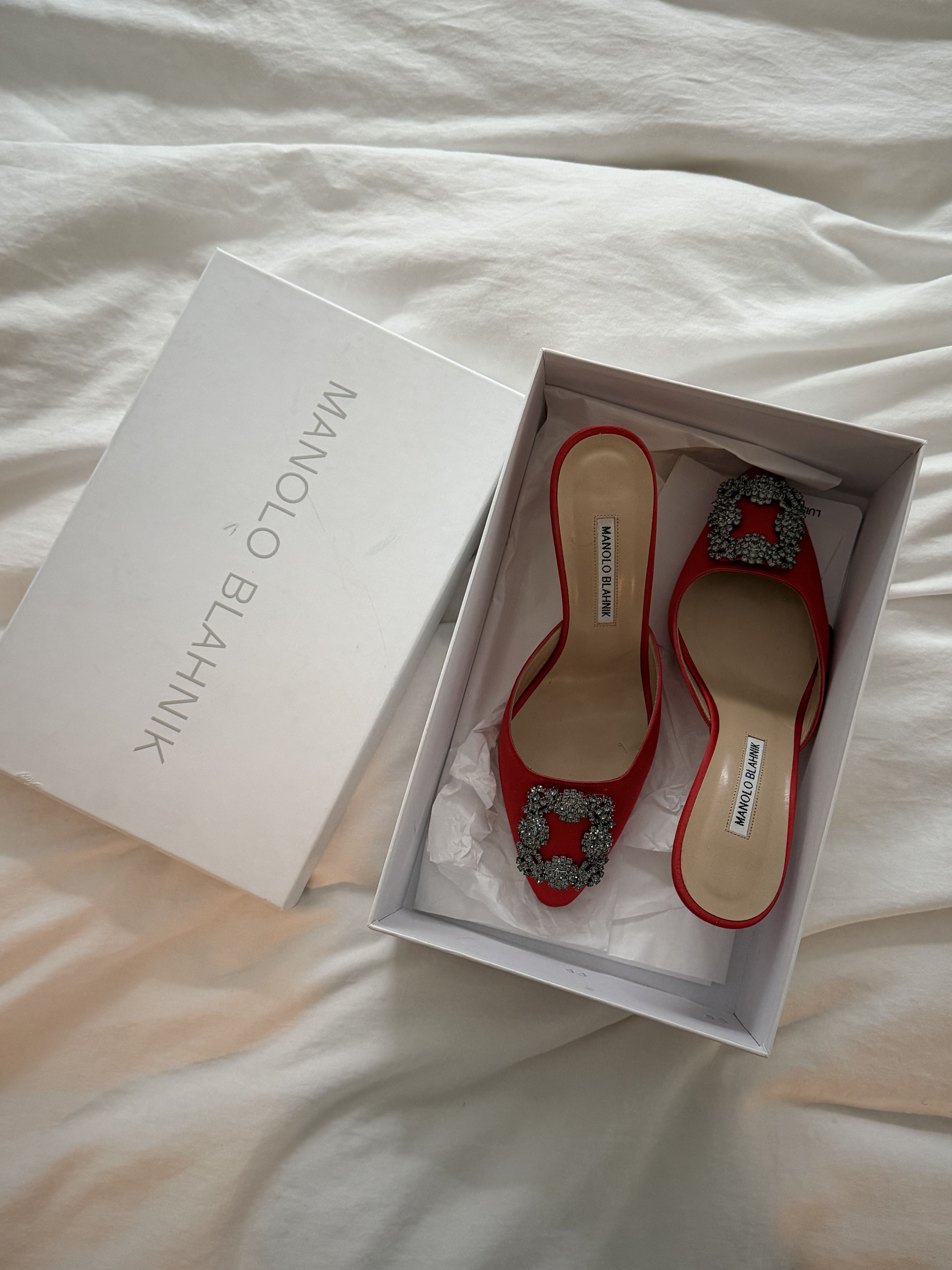 Manolo Blahnik Manolo Blahnik - HANGISIMU, Red Satin Jewel Buckle Mules Size US 7.5 / IT 37.5 - 3 Thumbnail