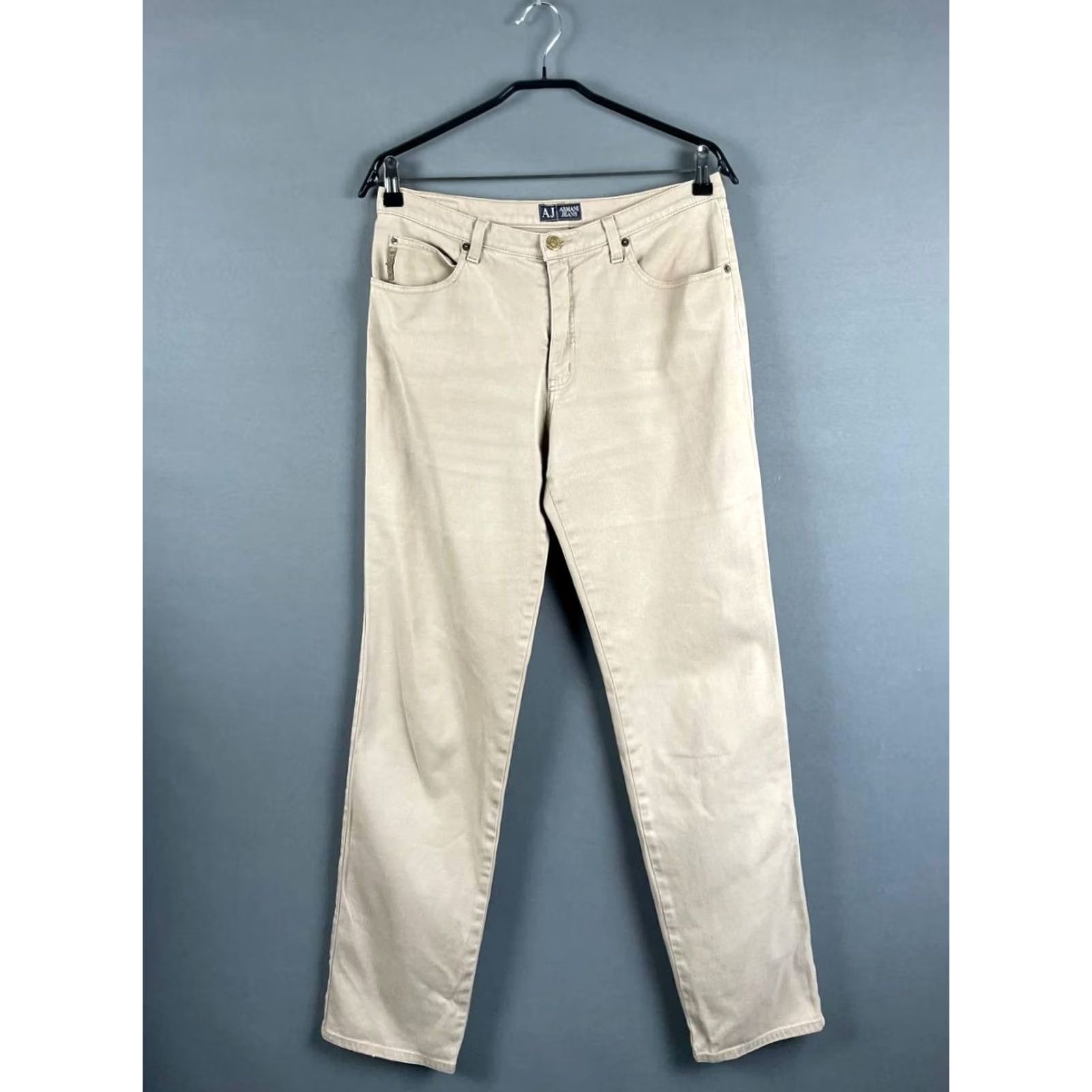 Vintage Armani Jeans Pants Men Beige Cotton Comfort Straight Leg Chino Button Fly Size US 35 - 2 Thumbnail