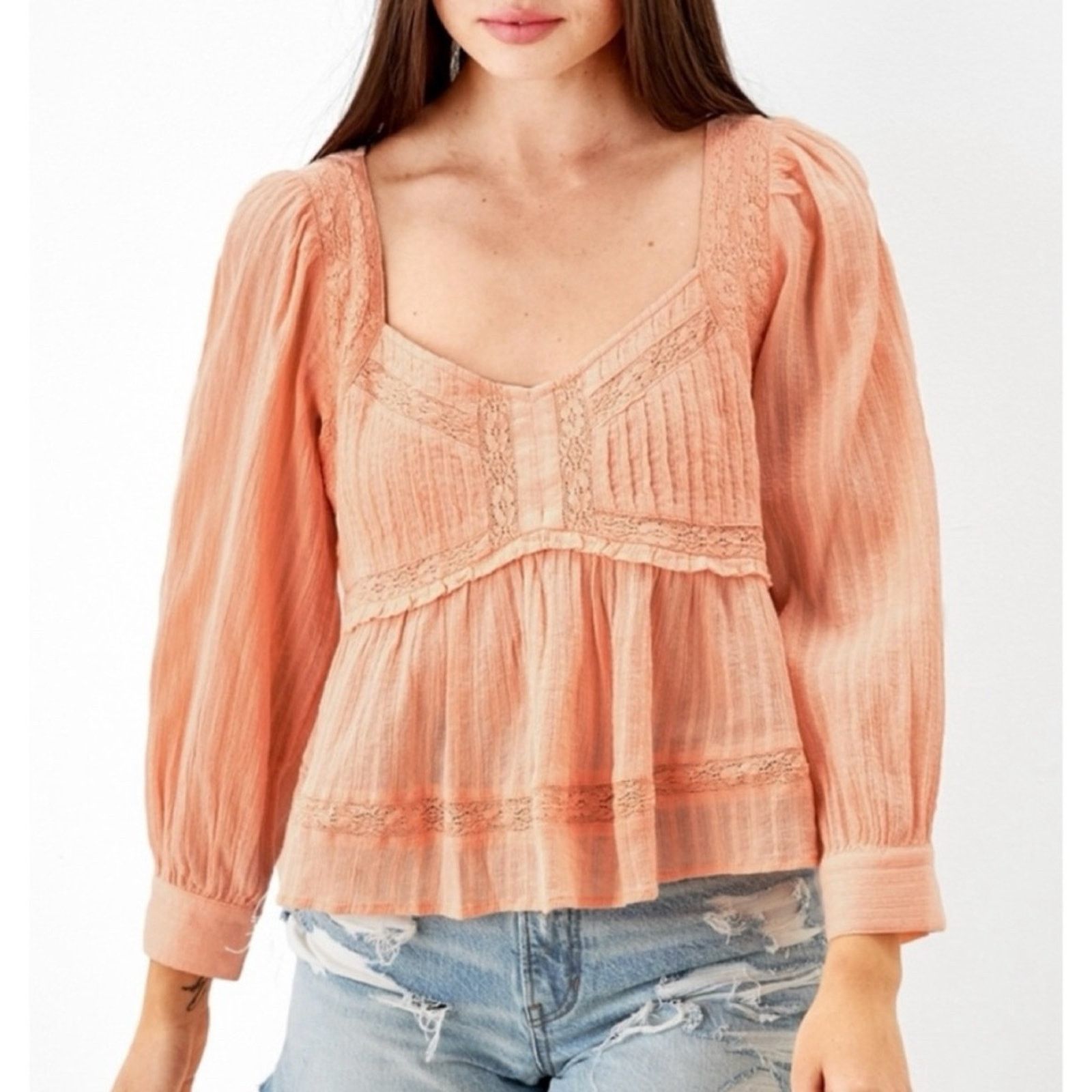 American Eagle Outfitters AMERICAN EAGLE • Peach Boho Long Sleeve Babydoll Blouse Size L / US 10 / IT 46 - 1 Thumbnail