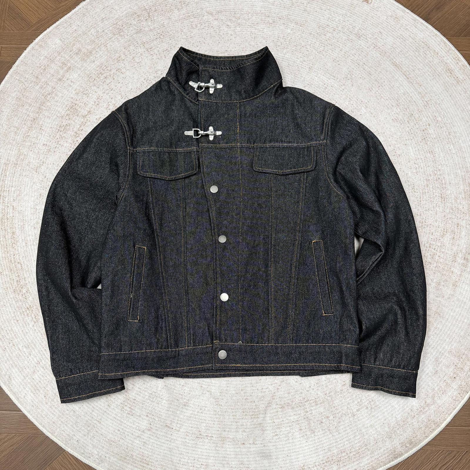 Jean Black Structured Denim Jacket with Fireman Clasp Closure Size US M / EU 48-50 / 2 - 3 Thumbnail