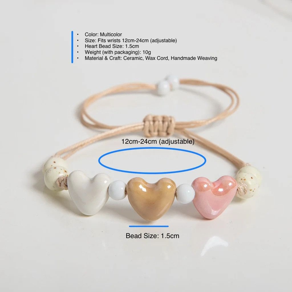 Handmade Triple Heart Ceramic Bracelet Handmade Jewelry Gift For Her Size ONE SIZE - 7 Thumbnail