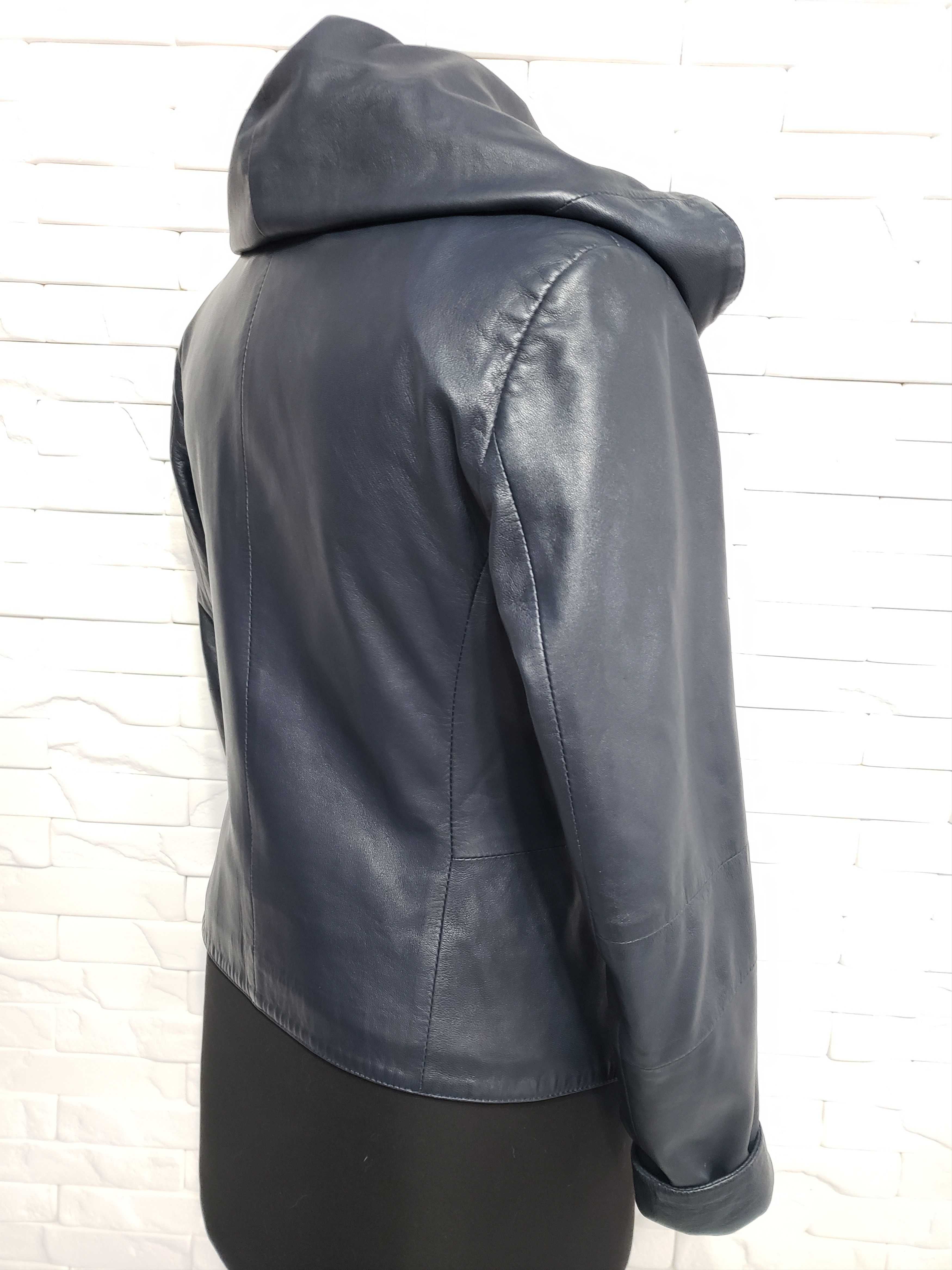 Genuine Leather Stylish blue leather jacket for women with a hood. Size L / US 10 / IT 46 - 5 Thumbnail