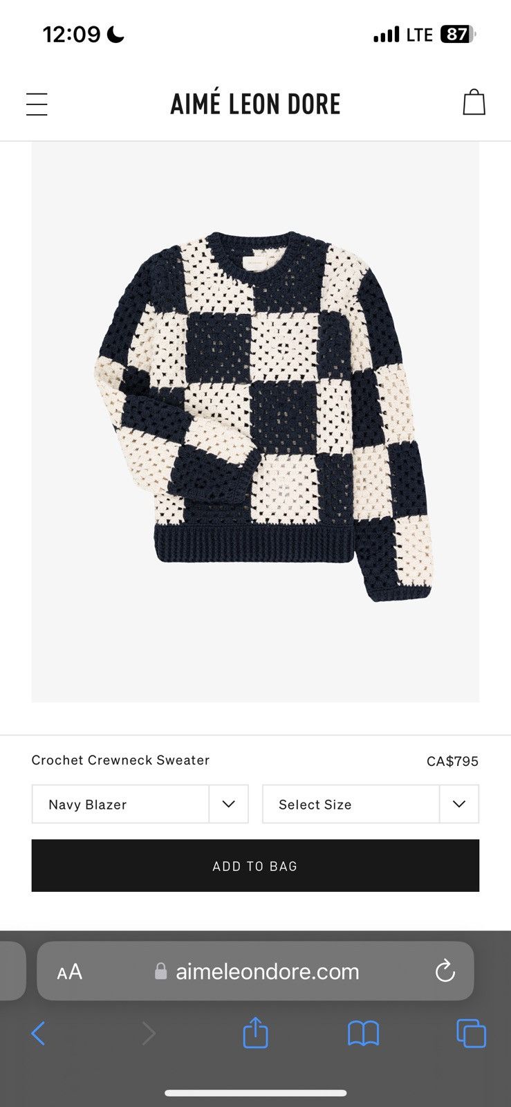 image of Aime Leon Dore Crochet Sweater In Navy Blue And Cream, Men's (Size Medium)