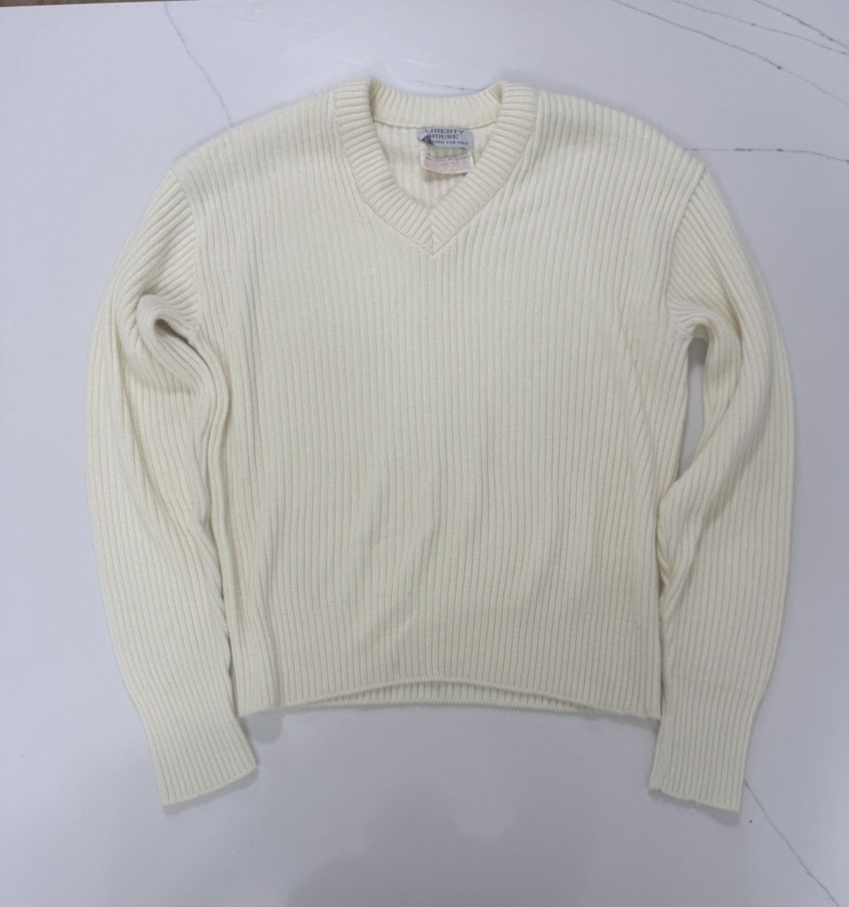 Other 🤍 Vintage 70s Cream Ribbed V-Neck Sweater 🤍 Size US L / EU 52-54 / 3 - 1 Thumbnail