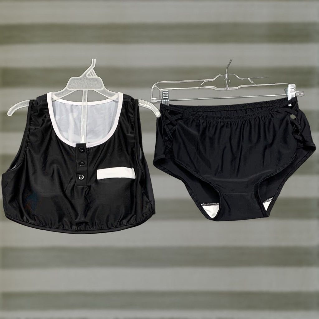B Sides 2 Pc Swimsuit M Padded Black w/White Trim Bottom Sides Crisscross Openings NWOT Women's Swimsuit M Black & White Trim Vintage: No Damen Men? Size 32" / US 10 / IT 46 - 1 Thumbnail