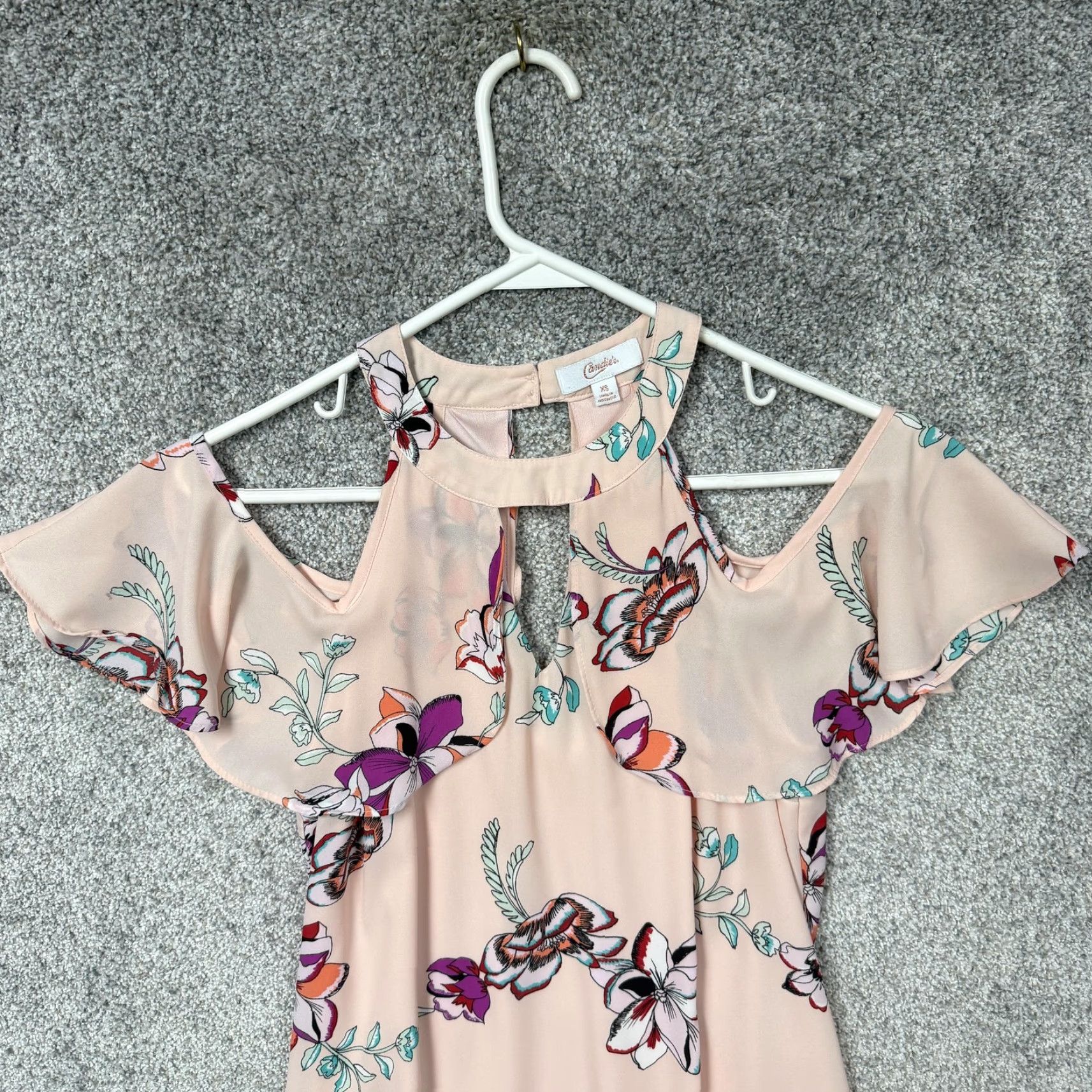 Vintage Candies Sundress XS Peach Floral Halter Cold Shoulder Chiffon Boho Summer Dress Womens XS Pink Floral Sundress Juniors Size XS / US 0-2 / IT 36-38 - 5 Thumbnail