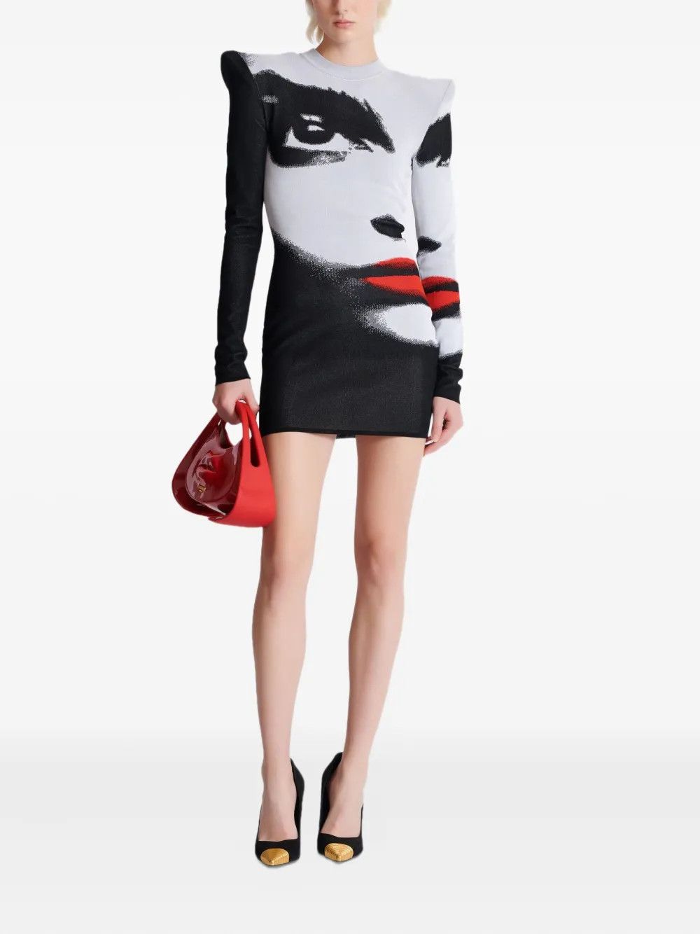 Balmain o1s1wg110526 Face-Motif Mini Dress in White/Black Size XL / US 12-14 / IT 48-50 - 1 Thumbnail