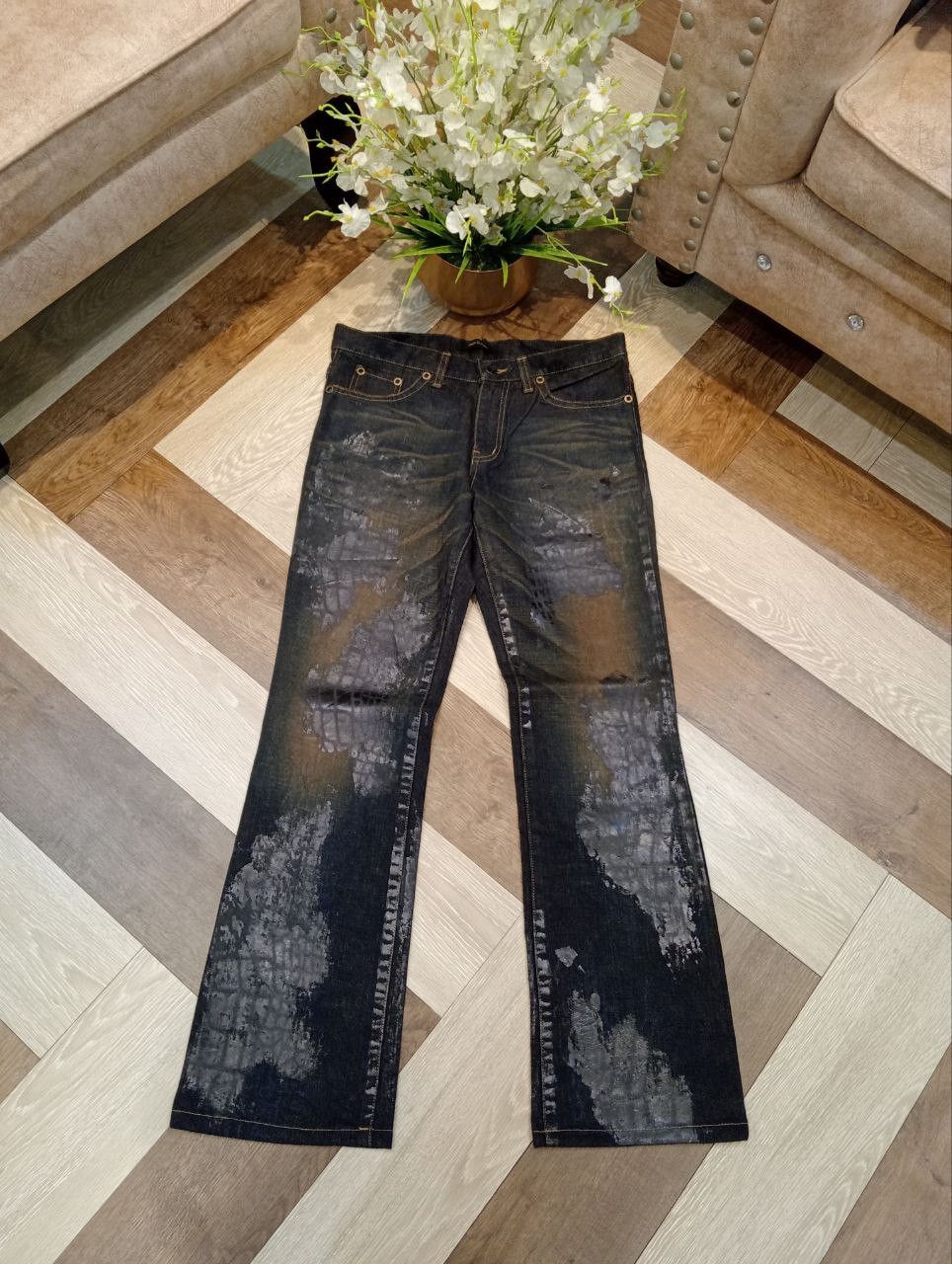 JAPANESE SEMANTIC DESIGN SNAKESKIN STYLE FLARED JEANS - L