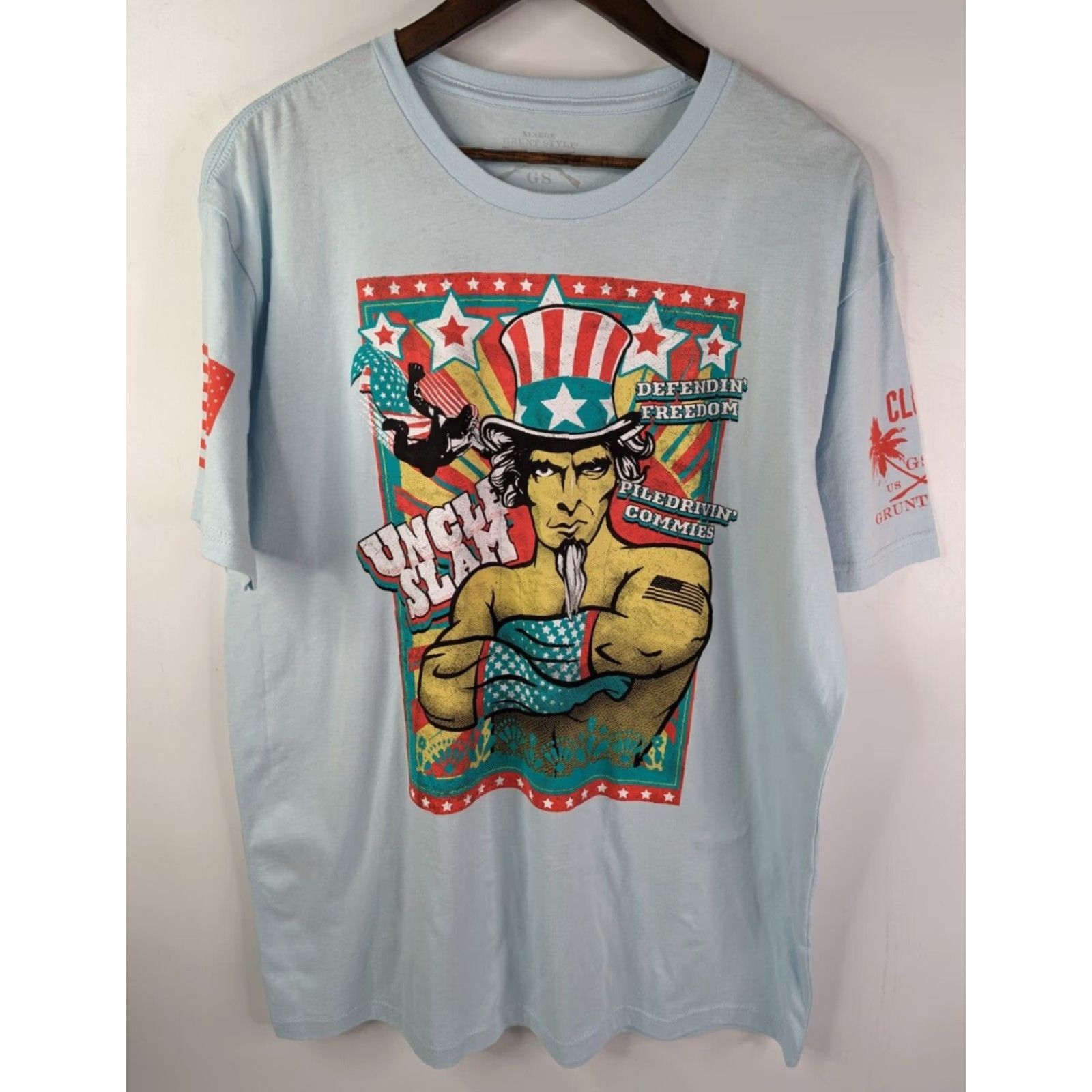 Vintage Grunt Style T-Shirt Light Blue Short Sleeve Patriotic Uncle Slam Soldier Men XL Size US XL / EU 56 / 4 - 2 Thumbnail