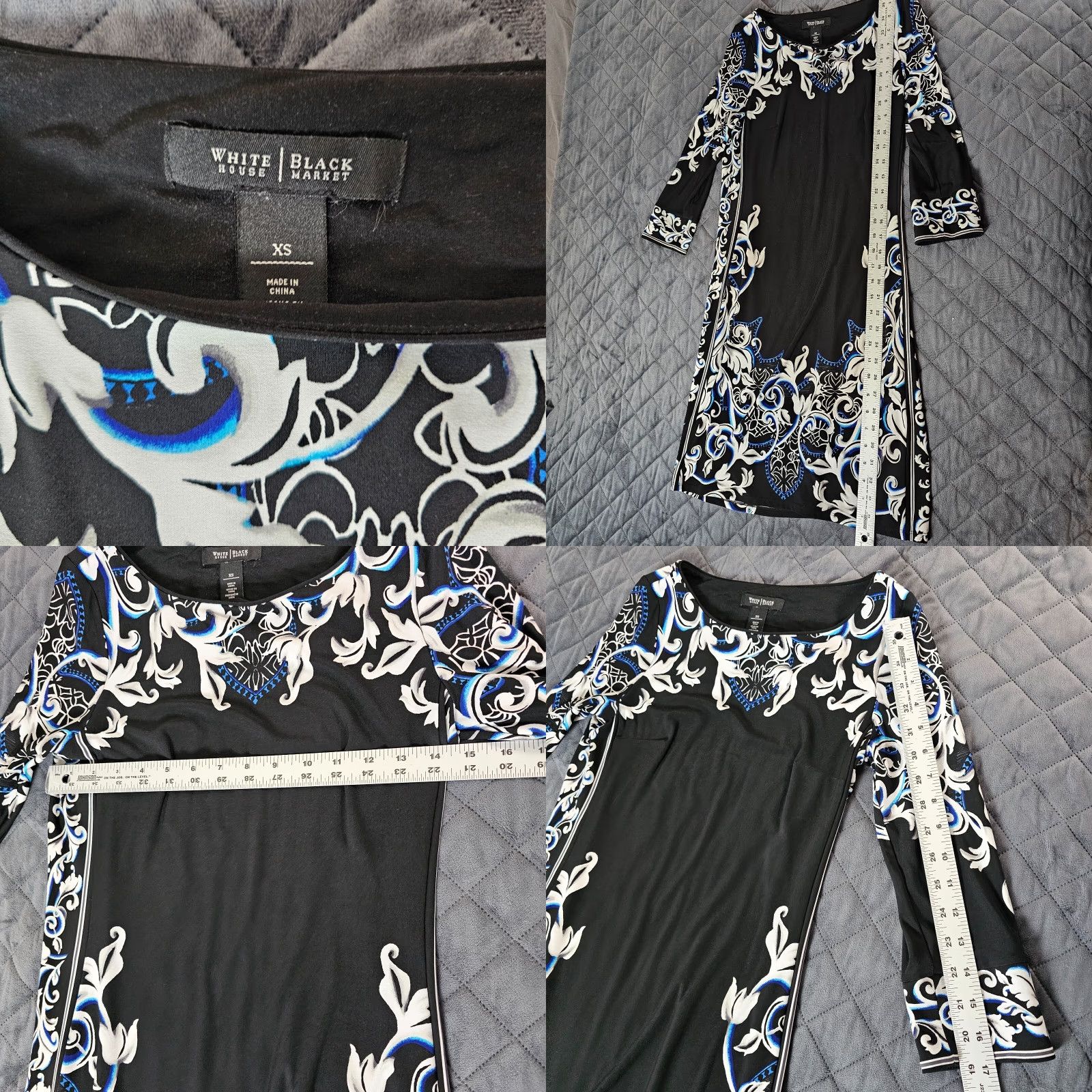 White House Black Market WHBM Women's Dress XS Black Floral Career Mini Sheath Long Sleeve Boat Neck Size XS / US 0-2 / IT 36-38 - 8 Thumbnail