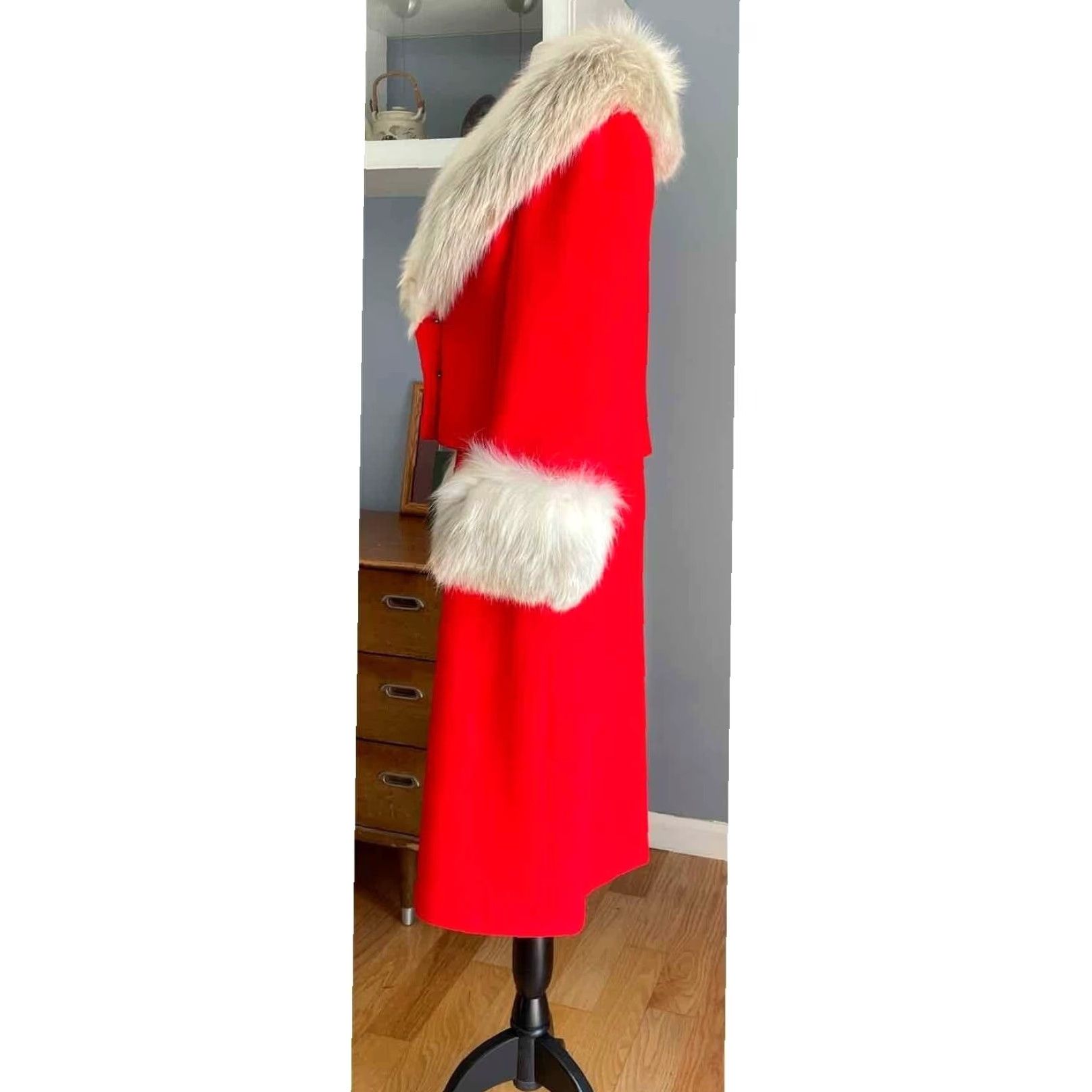 Vintage VINTAGE 60's Bert Schroeder Red Dress & Jacket Suit Fox Fur Trim Wool 100% Size M/L Women/Mens Cocktail Vintage 1960s Sheath Size M / US 6-8 / IT 42-44 - 4 Thumbnail
