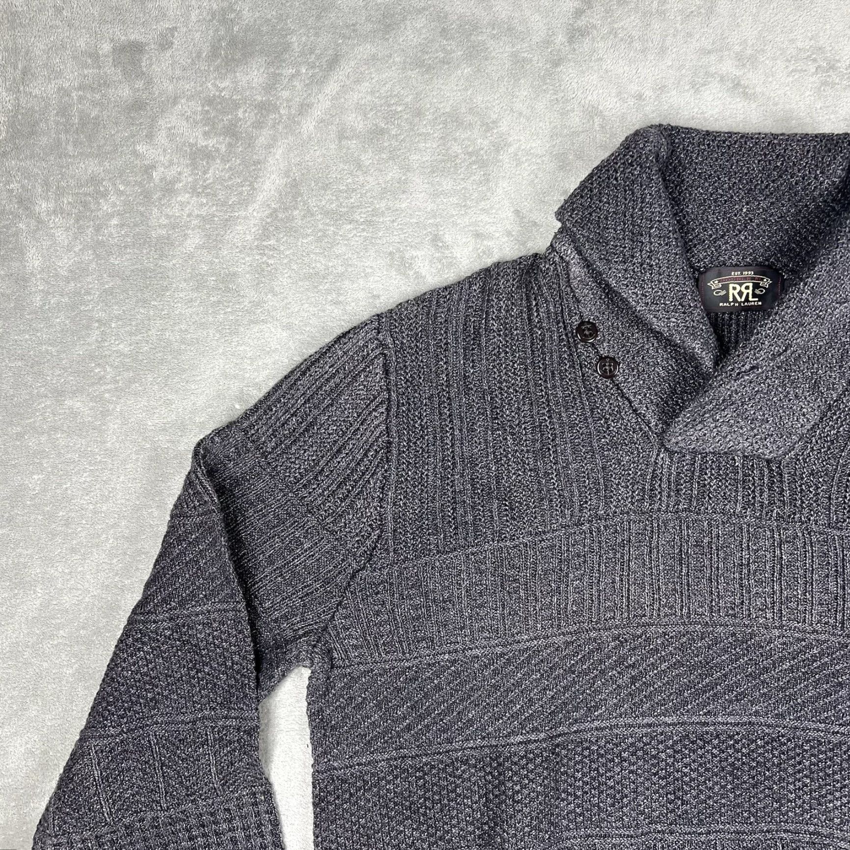 Vintage VINTAGE RRL Heavyweight Indigo-Charcoal Shawl Pullover Knit Sweater XL Cotton Size US XL / EU 56 / 4 - 2 Thumbnail