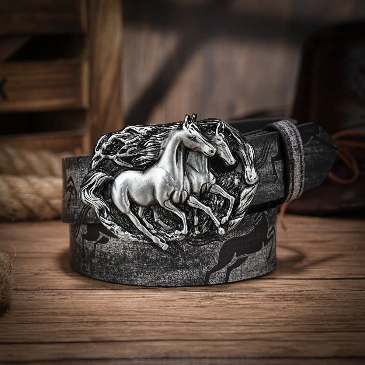 Leather × Vintage Black Double Horses Buck Belt Size ONE SIZE - 1 Thumbnail