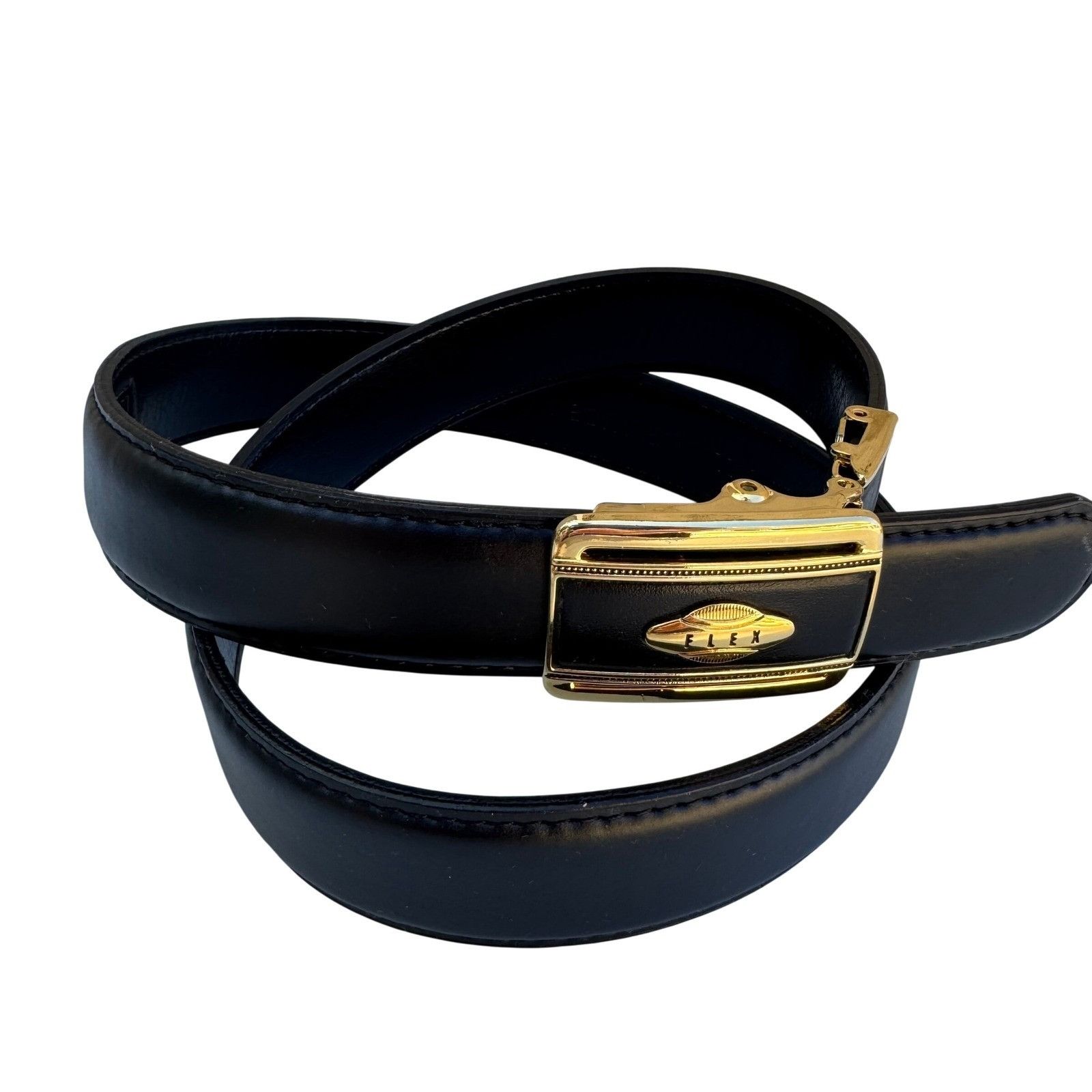 Other Flex Black Genuine Leather Belt Gold Button Lever Buckle Mad Size ONE SIZE - 1 Thumbnail