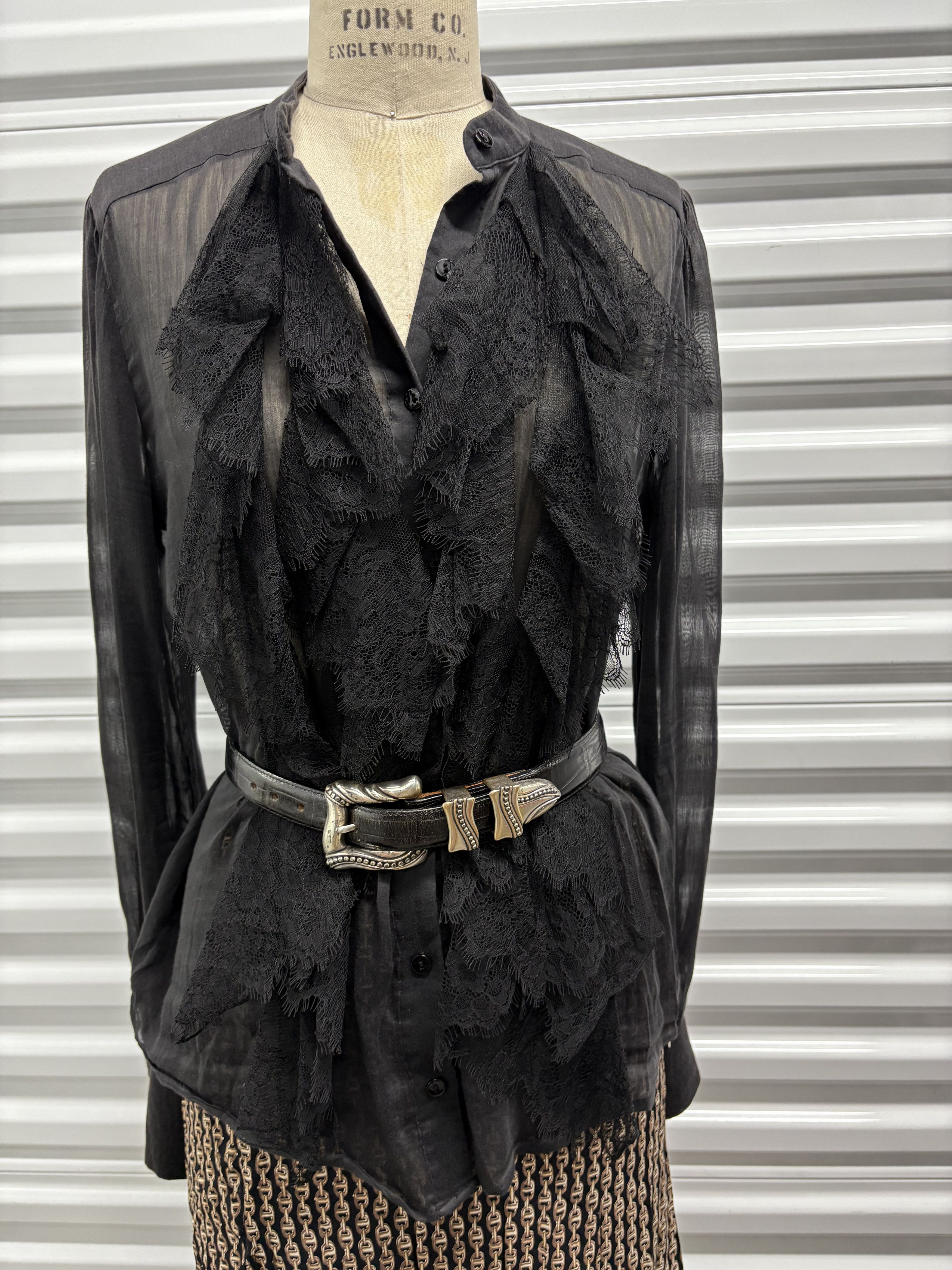 plein sud Vintage 90s Plein Sud Sheer Silk Lace Ruffle Blouse Size L / US 10 / IT 46 - 8 Thumbnail