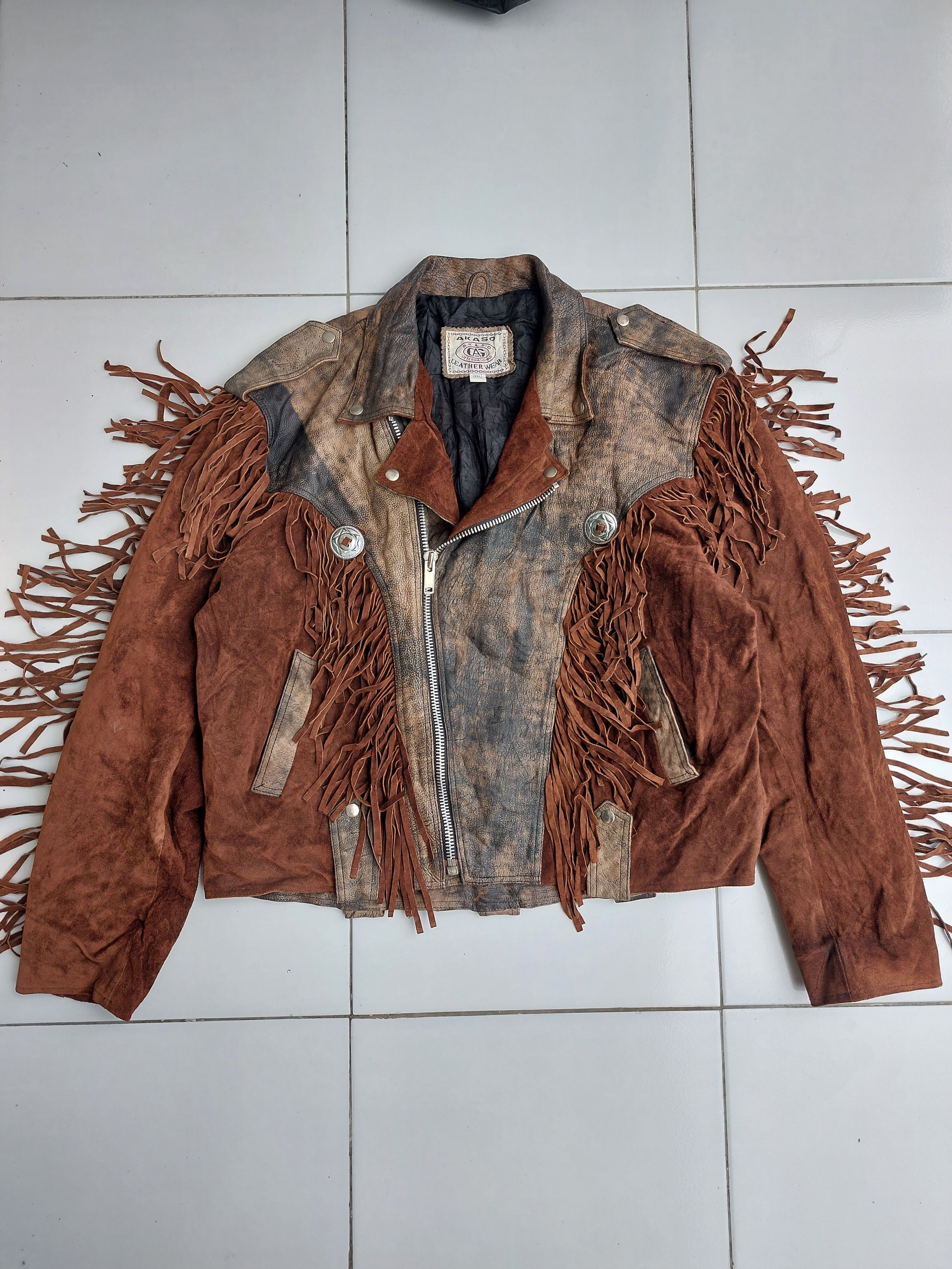 Vintage Akaso Vintage Fringed Leather Jacket Double Breasted Size US XL / EU 56 / 4 - 2 Thumbnail
