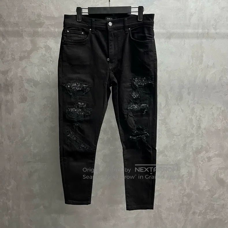 Amiri Amiri Black Solid Diamond-Studded Patchwork Denim Pants Size US 33 - 1 Thumbnail