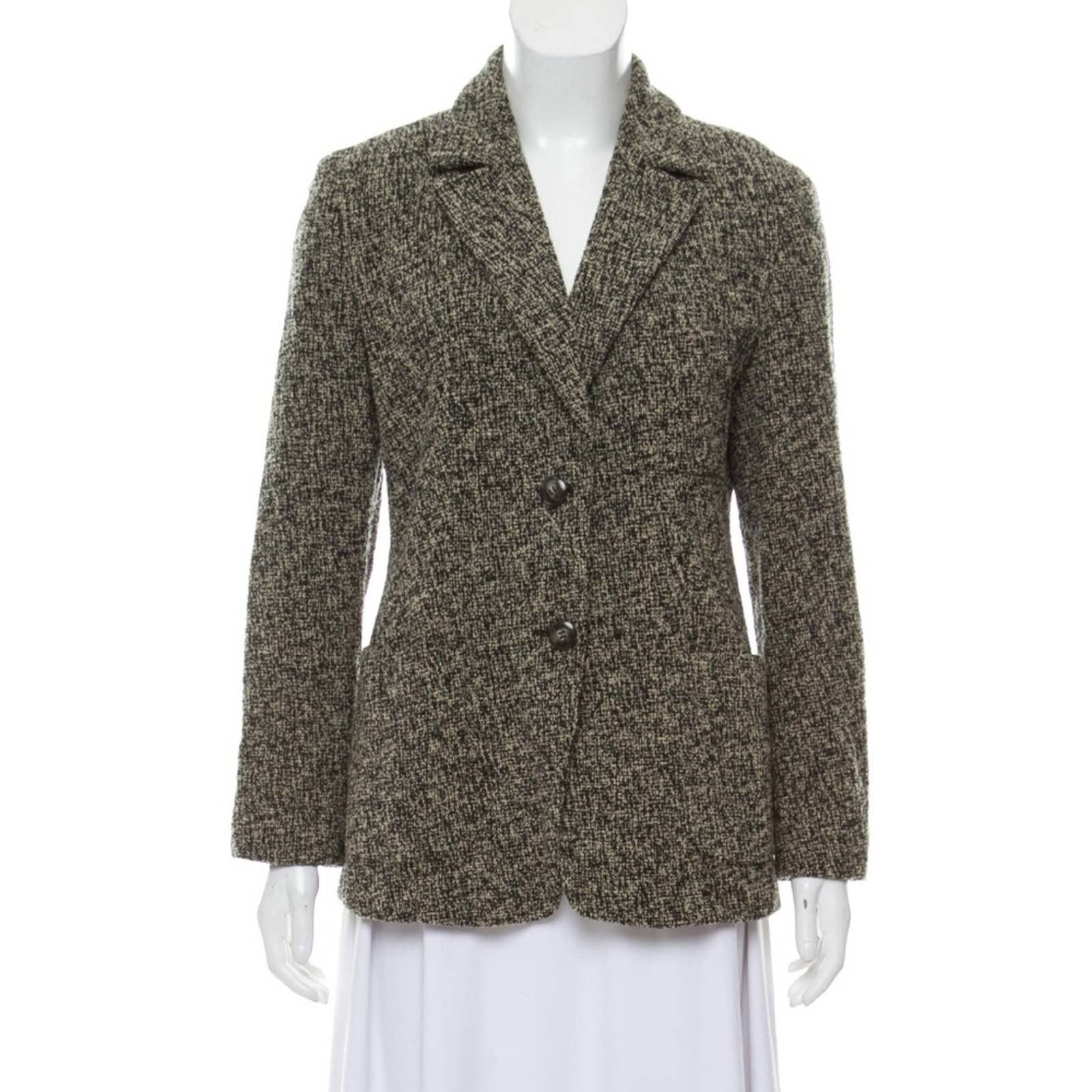 image of Max Mara Maxmara Versatile Retro Tan & Black Virgin Wool Blazer in Green, Women's (Size Large)
