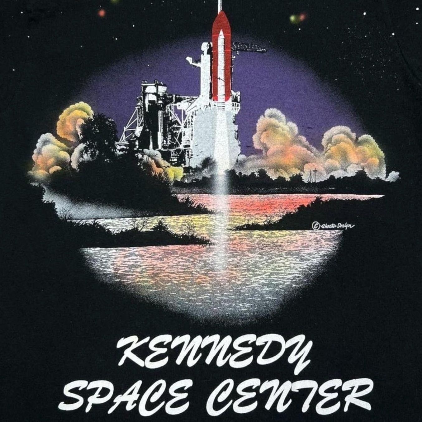 Fruit Of The Loom Vintage Kennedy Space Center Souvenir All-Over Print Single Stitch T-Shirt Small Black Mens Space 90s Graphic Front Back Shirt Size US S / EU 44-46 / 1 - 4 Thumbnail
