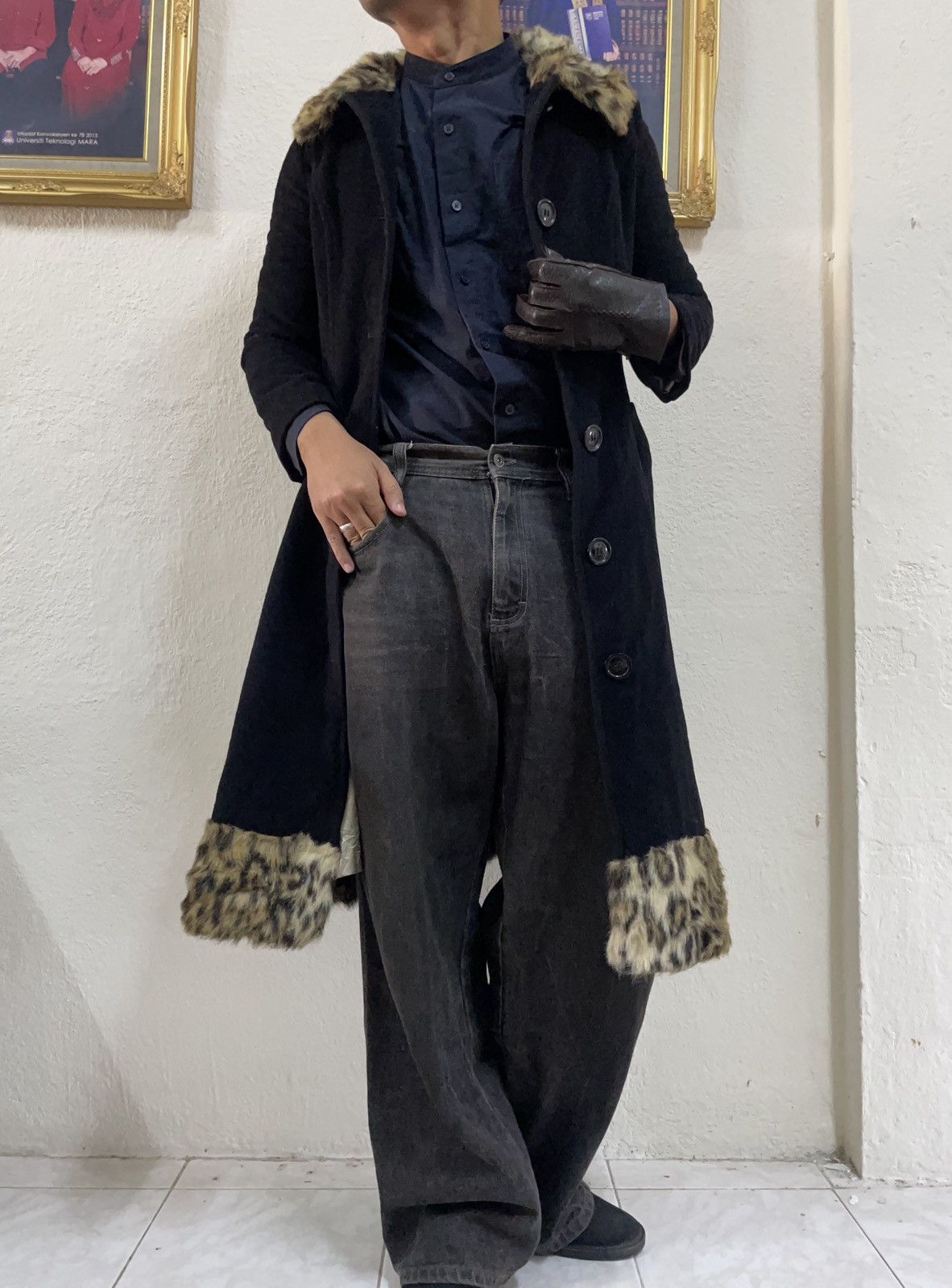 14th Addiction 🇯🇵 Machiko Jinto Leopard Fur Trench Coat Goa Gothic Punk Vkei Size S / US 4 / IT 40 - 7 Thumbnail