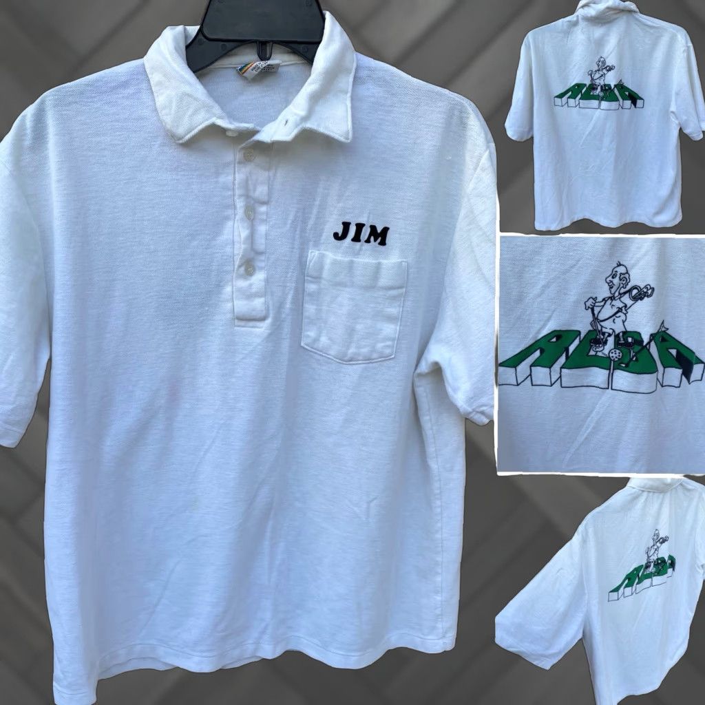VINTAGE Print Ons Polo Shirt Golf Golfing Golfer RLGA Graphic Pocket XL White Mens Shirt 1970s 1980s