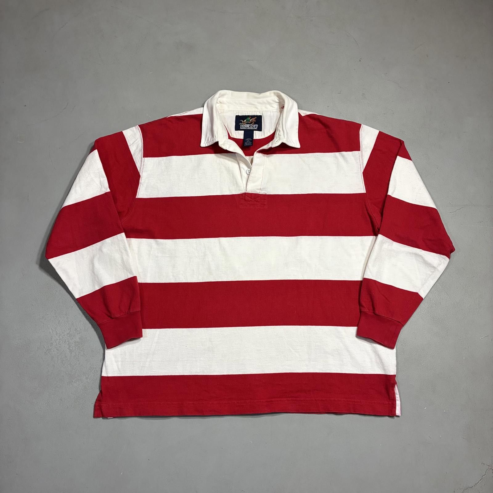 Lands' End Vintage 90s Lands End Striped Rugby Polo Shirt Men's XL Red Size US XL / EU 56 / 4 - 1 Thumbnail