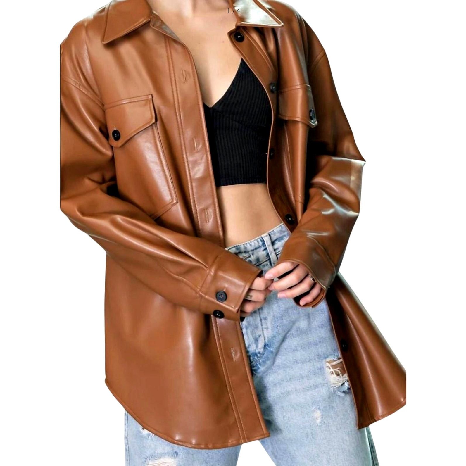 Other ee:some Faux Leather Long Sleeve Collared Button Up Jacket Size M / US 6-8 / IT 42-44 - 1 Thumbnail