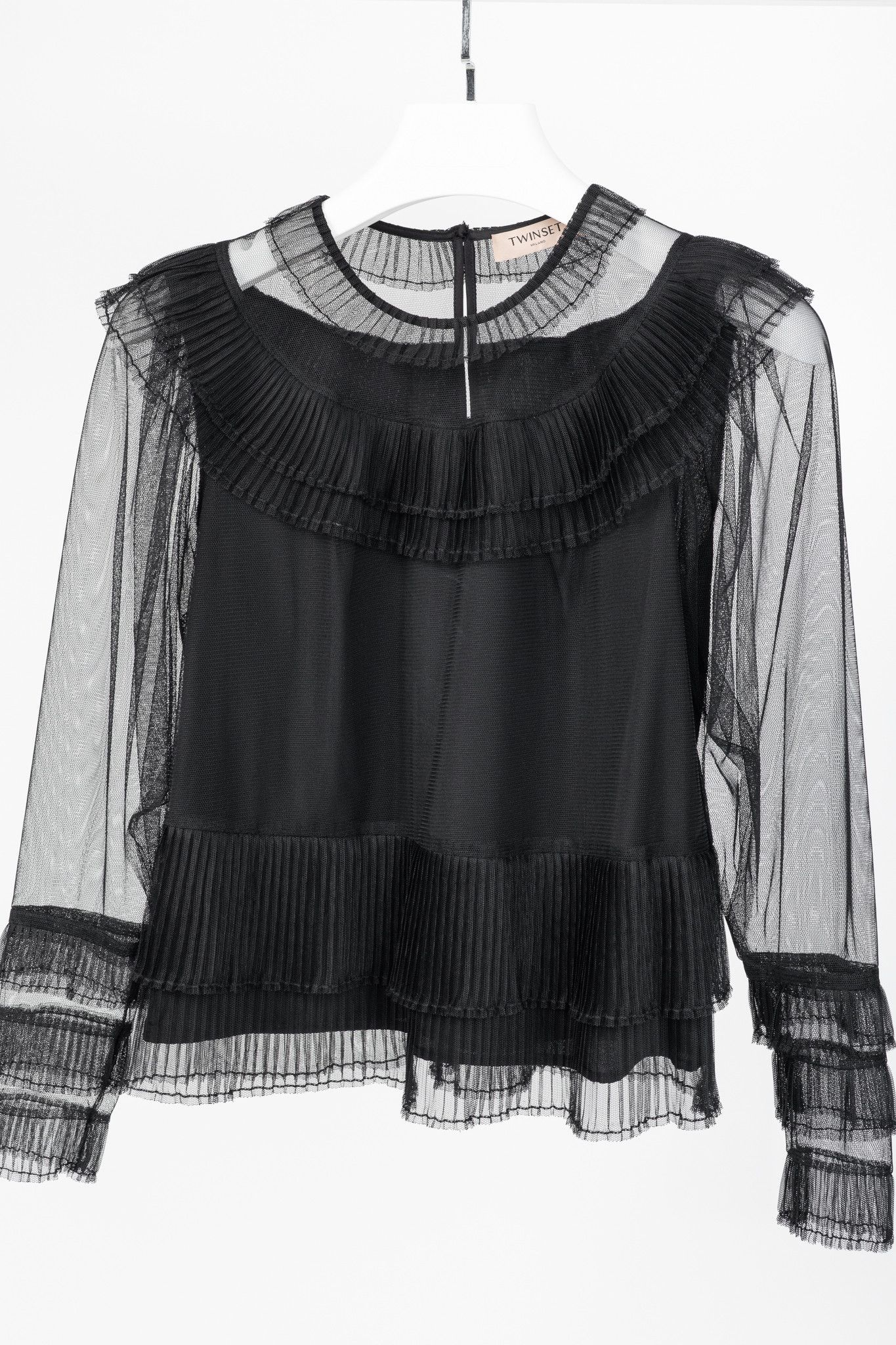 TWINSET Twinset Black Pleated Flounce Tulle Blouse Size S / US 4 / IT 40 - 3 Thumbnail