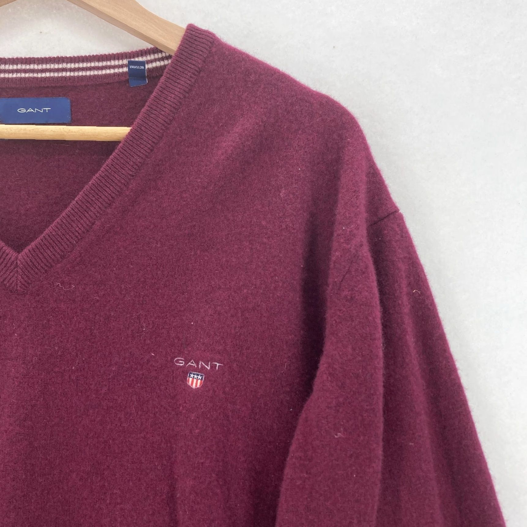 Gant Gant Sweater Mens 4XL Burgundy Super Fine Lambswool V Neck Logo Knit Pullover Size US XXL / EU 58 / 5 - 2 Thumbnail