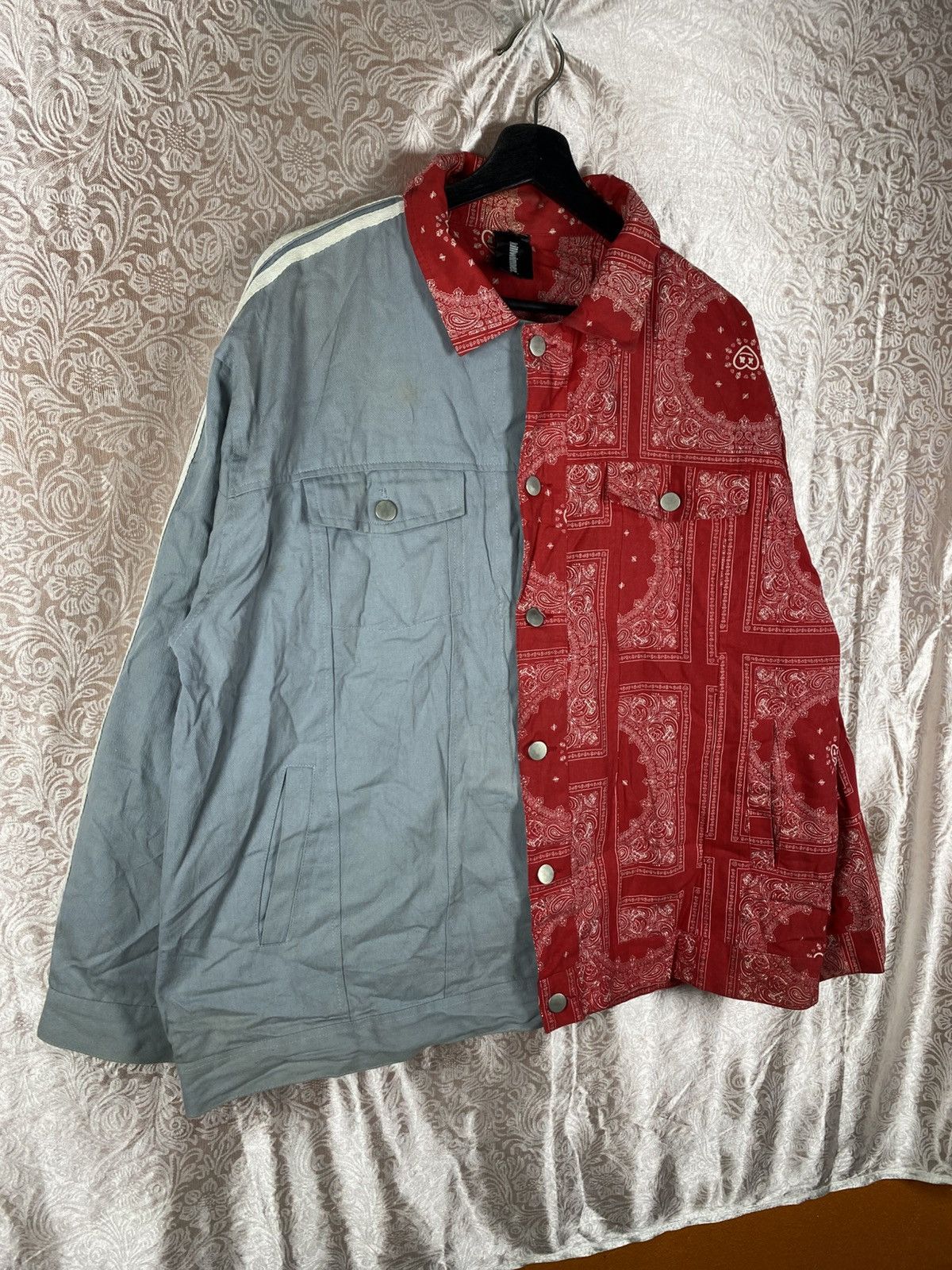 Japanese Brand Vintage KILLWINNER Split Bandana Jacket Red Grey Patchwork Size US XL / EU 56 / 4 - 5 Thumbnail