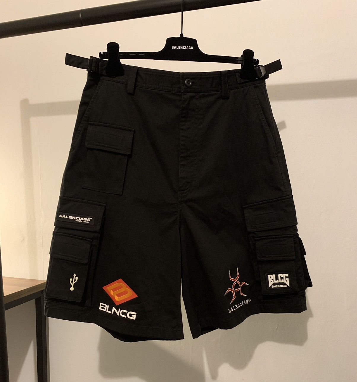 image of Balenciaga Gamer Cargo Shorts Long Baggy Size 46 Afterworld in Black, Men's