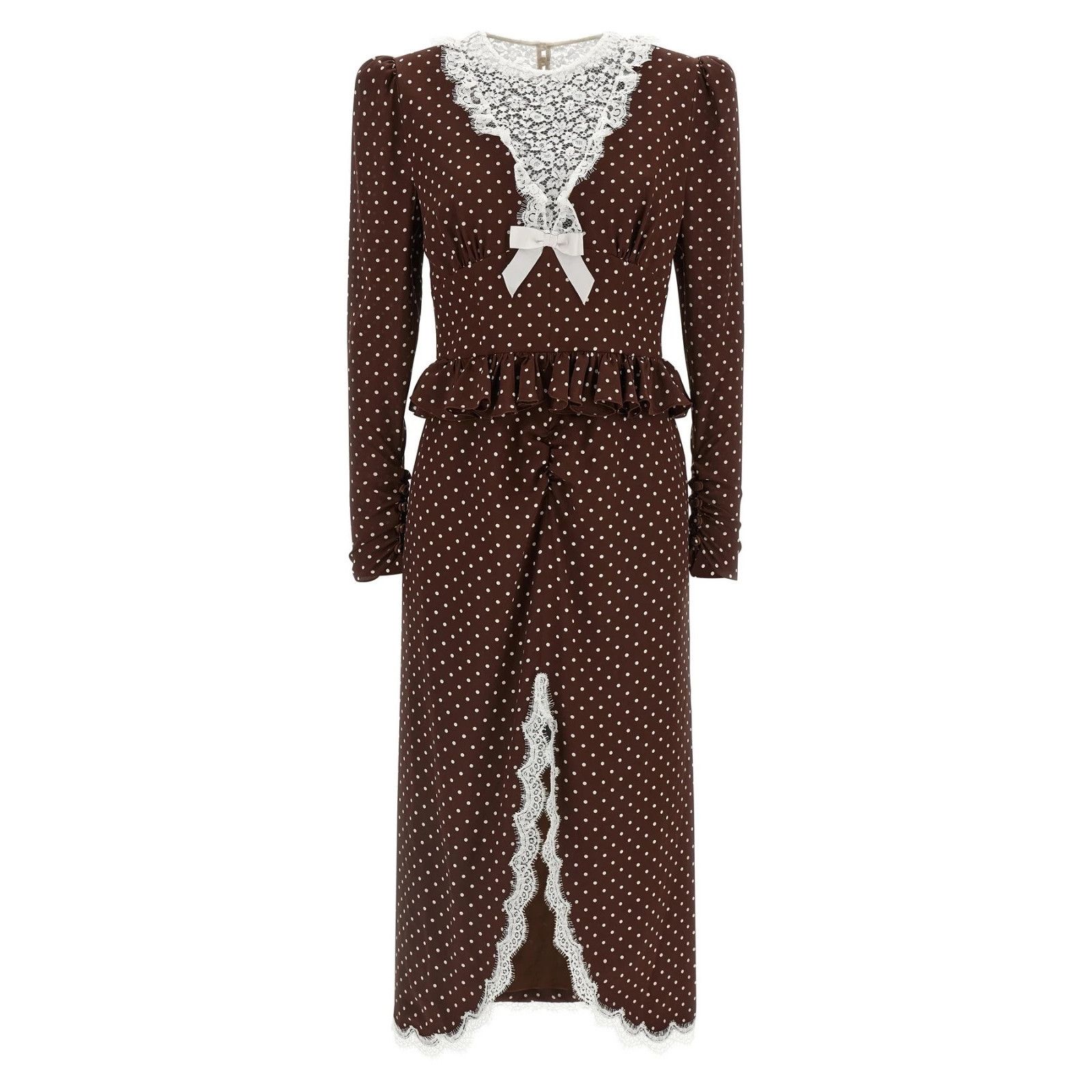 ALESSANDRA RICH Polka Dot Midi Brown Silk Dress New & Authen