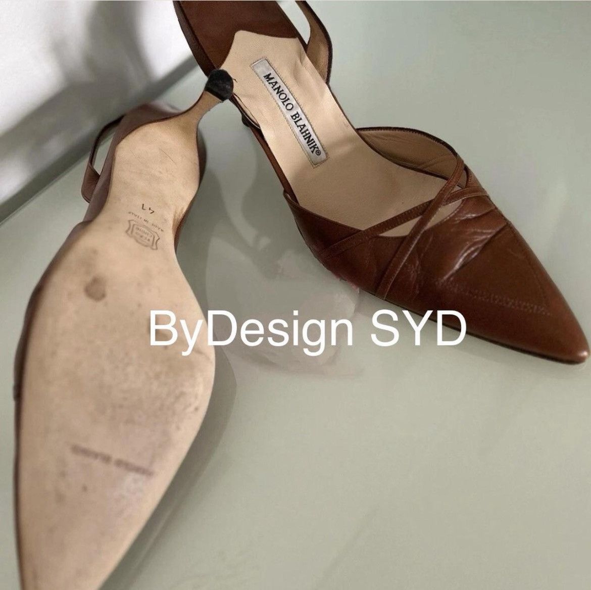 Manolo Blahnik MANOLO BLAHNIK Tan Leather Slingback Kitten Heel Size US 11 / IT 41 - 3 Thumbnail