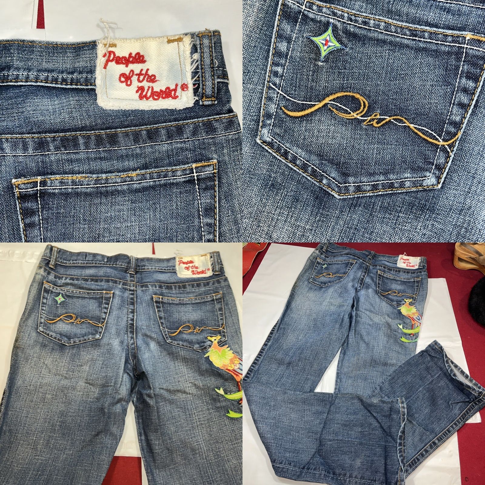 Vintage VINTAGE People of the World Jeans Low Rise 31 BLUE Embroidered Tropical Bird Peacock Flowers 5-Pocket Womens Boots Cut Inseam 34(Size 31) Size 24" / US 00 / IT 34 - 10 Thumbnail