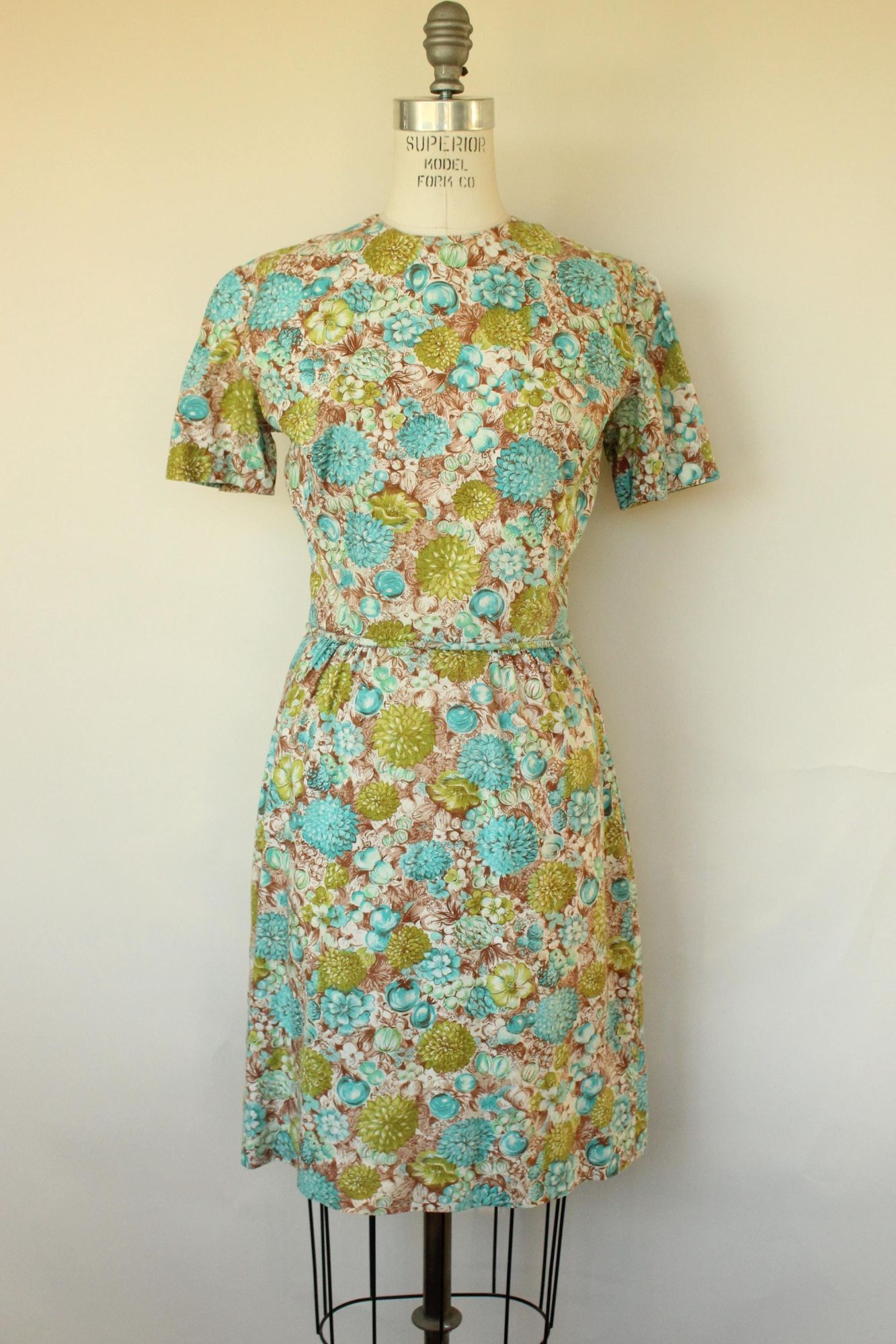 Vintage Vintage 1960s Wiggle Dress, Green and Blue and Brown Floral Size M / US 6-8 / IT 42-44 - 3 Thumbnail