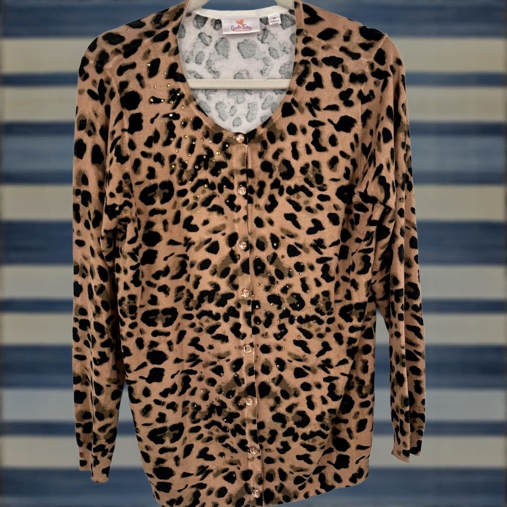 Quacker Factory Quacker Factory Cardigan Womens Medium Leopard Print Button Front Beaded Sweater Size M / US 6-8 / IT 42-44 - 1 Thumbnail