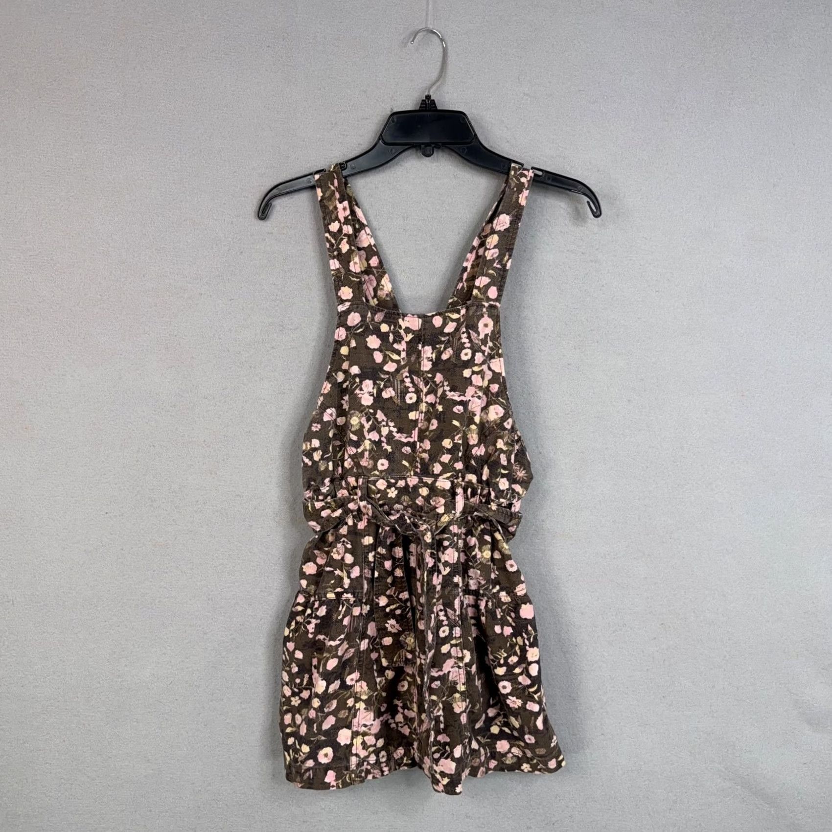 Free People Free People Dress Womens 2 Brown Pink Floral Linen Blend Mini Overall Jumper Dress Size XS / US 0-2 / IT 36-38 - 2 Thumbnail