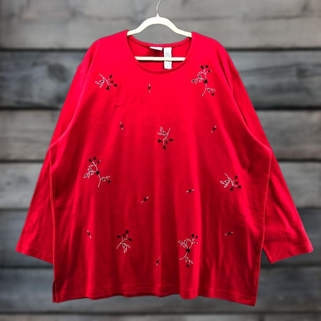 Vintage VINTAGE Bobbie Brooks Long Sleeve Shirt Womens 28W Red Floral Embroidered Crewneck Christmas Holiday Metallic Knit Cotton Blend Mens? Size 4XL / US 24-26 - 1 Thumbnail