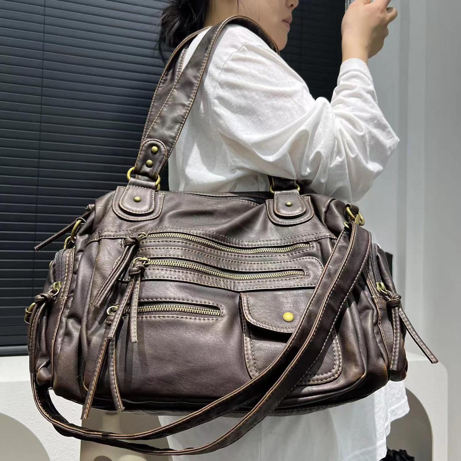 Vintage Brown Multi-Zip Leather Shoulder Handbag, Large Tote Size ONE SIZE - 2 Thumbnail
