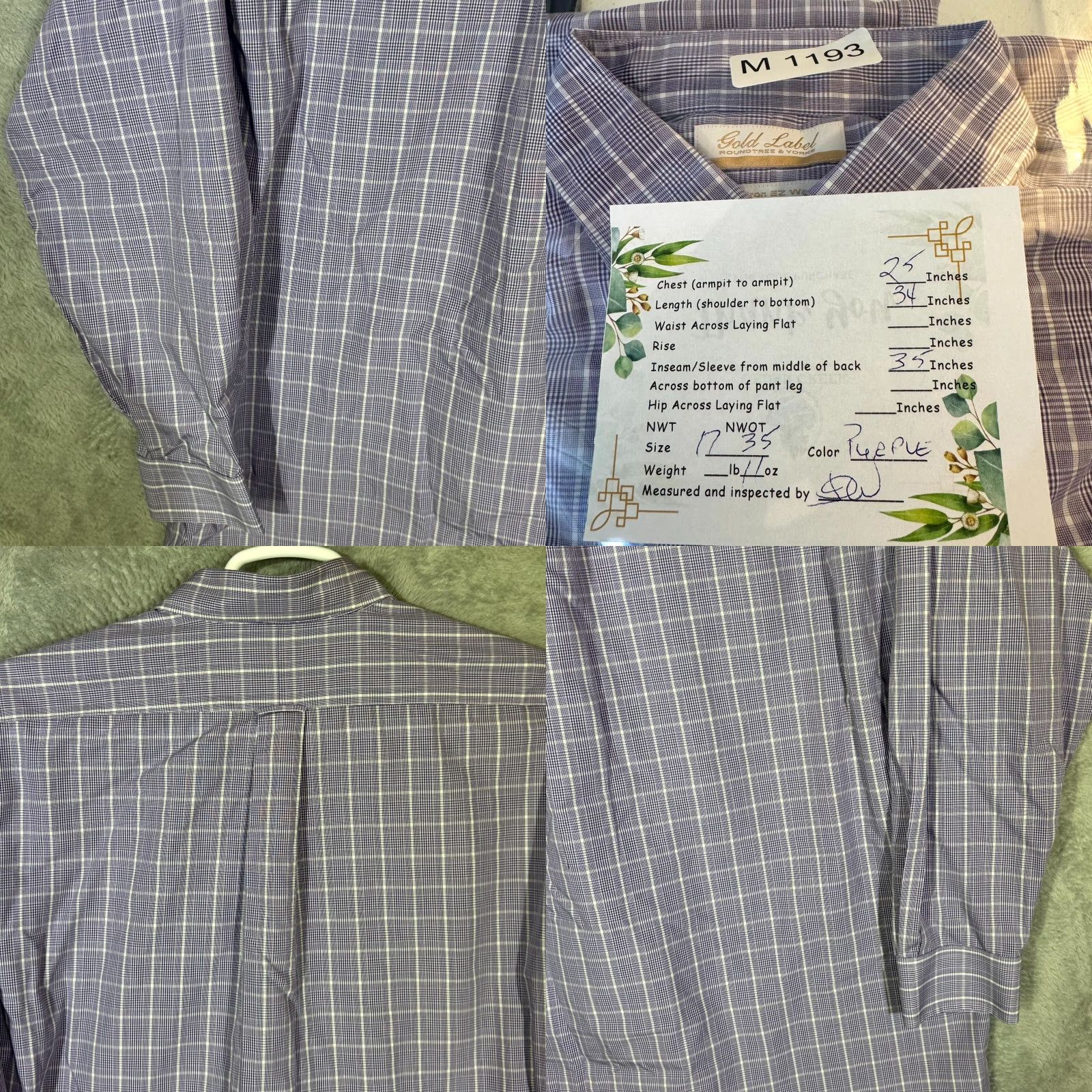 Roundtree & Yorke VINTAGE Gold Label Dress Shirt Purple Plaid Cotton 17×35 Long Sleeve Button-Down Mens Shirt Size 46R - 8 Thumbnail
